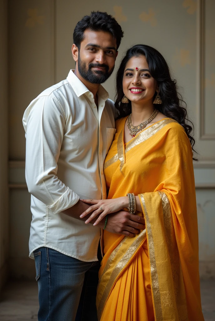 Create a realistic photograph of a smiling and beautiful indian woman in floral silk saree carrying a large chubby man on her shoulders in a room, man is sitting on top of her shoulders , man on top, woman at bottom 
