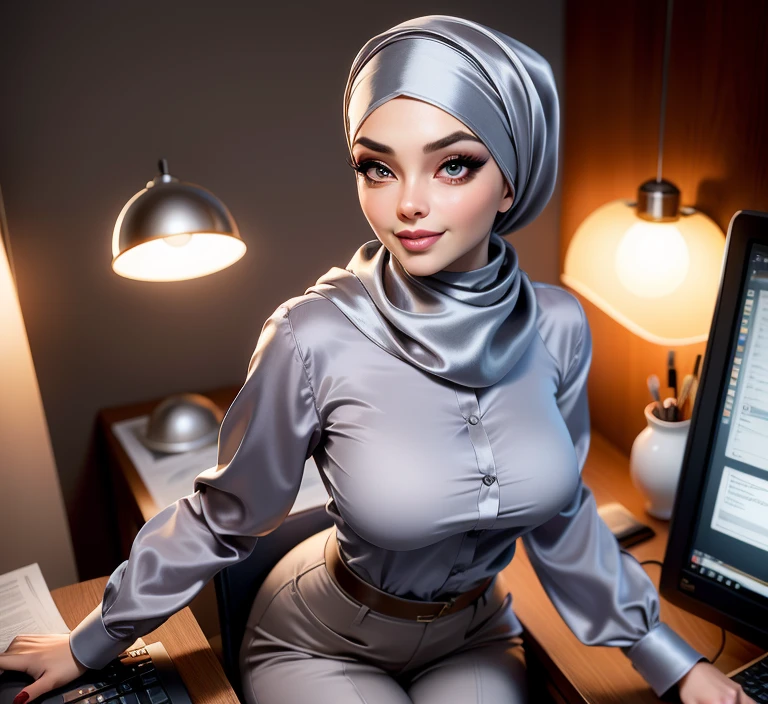 ((Masterpiece, best quality, photography, detailed skin, realistic, photo-realistic, 8k, highly detailed, full length frame, High detail RAW color art, diffused soft lighting, shallow depth of field, sharp focus, hyperrealism, cinematic lighting, hijab, a woman, mature, beautifully makeup, bold eyeshadow, beautiful big eyes, brown eyes, long eye lashes, saggy breast, medium breast, wide hips, loosely shoulder unbutton shirt, ((gray satin shirt)), Taupe satin long maxi skirt, unbutton shirts, curves, standing split, on office table, spread legs, cum in pussy