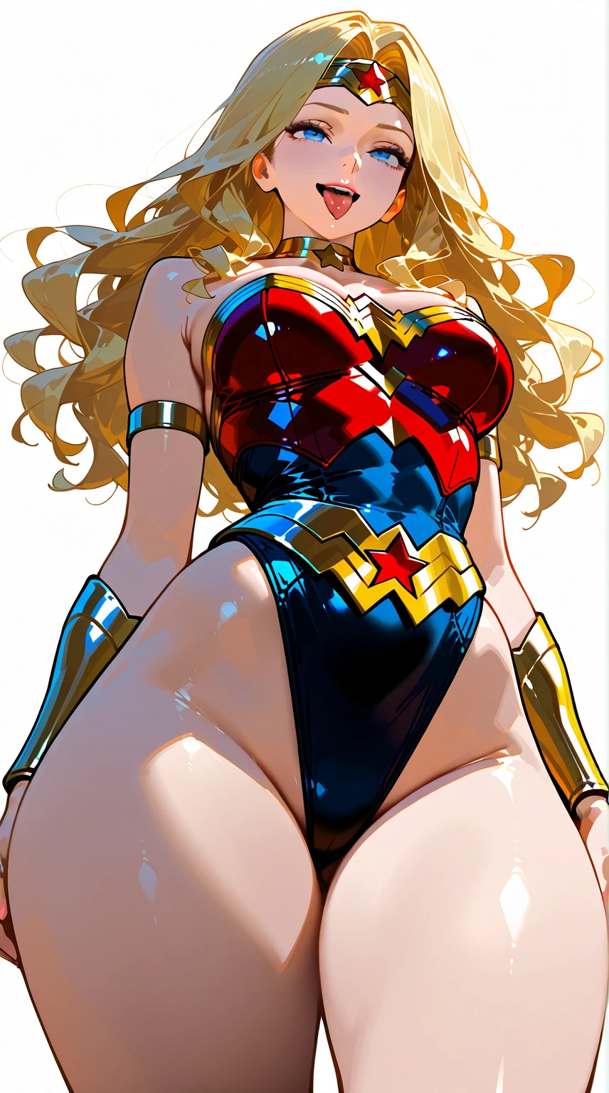 Best quality, solo mature Wonder woman, giant breasts, giant fat ass, very curvy, blonde styled hair, Mavuelous pink eyes, full lips, seductive, ribbon in hair, choker, sexy bodysuit, silver hoops, thick thighs, curvy physique dress as superhero, oiled legs, curvy,