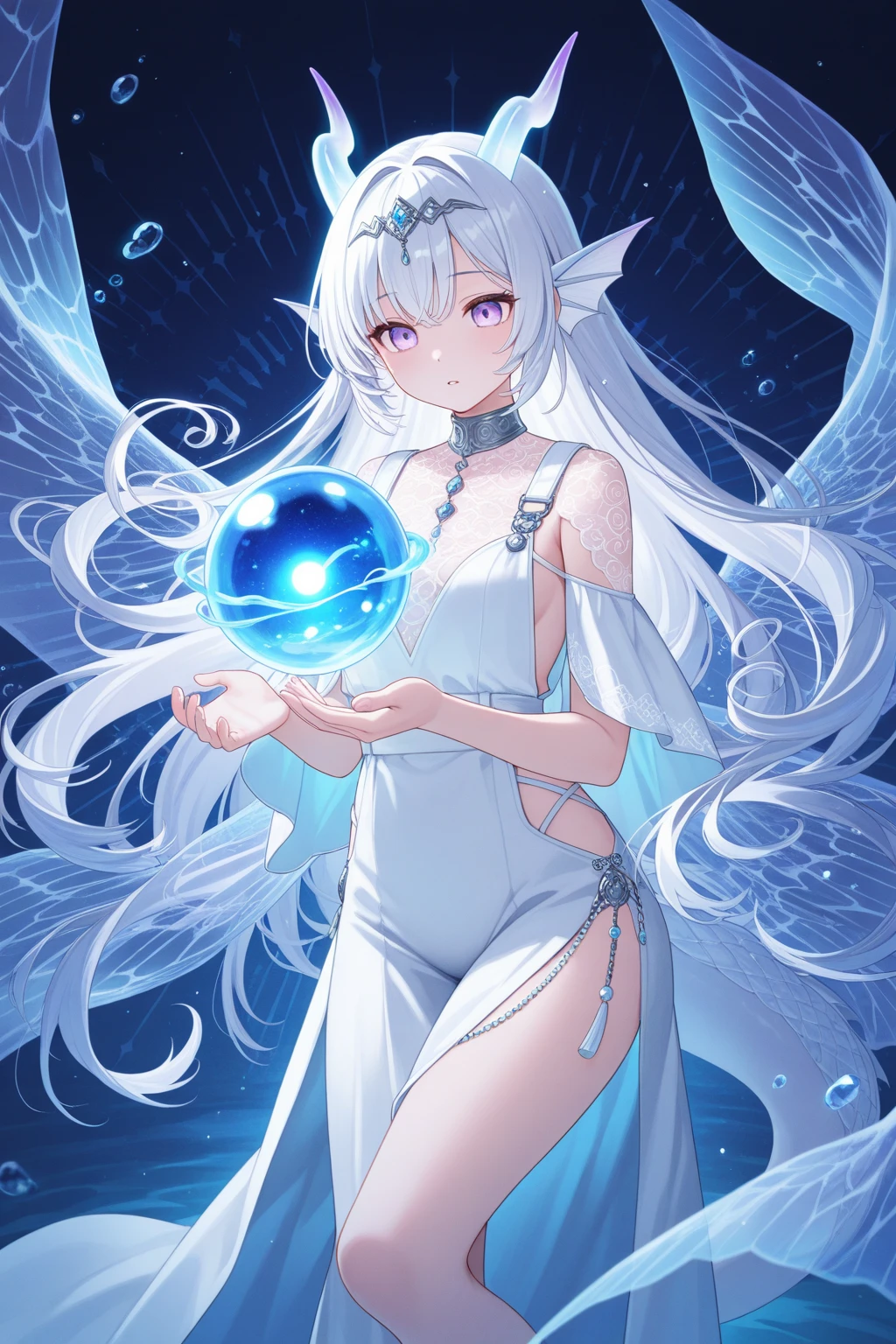 Naked and wearing a magical robe、Big are visible、Pure white magic robe、Cute frilly light blue underwear、barefoot、Hold the magic wand and cast magic、Hellfire Magic