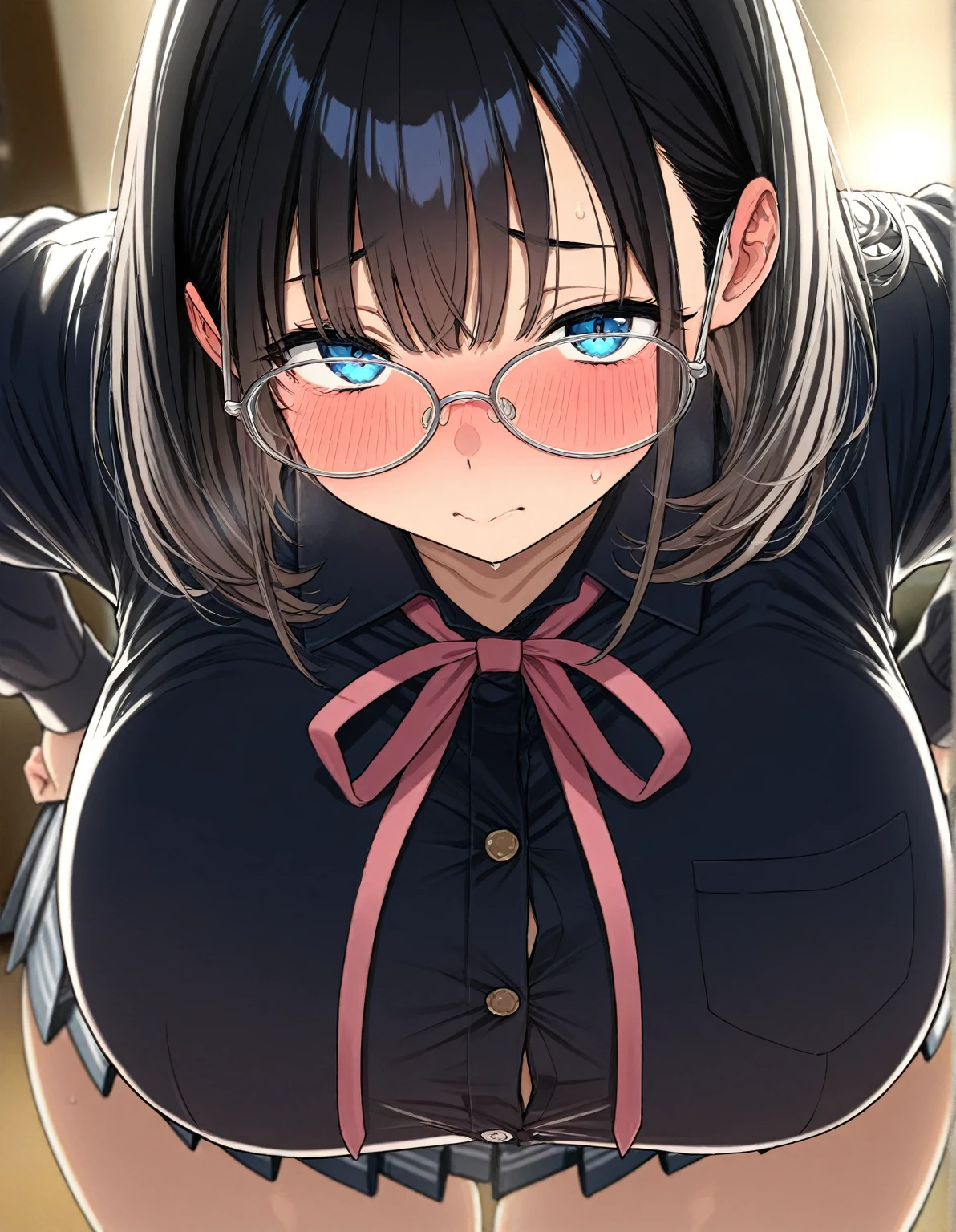 ((highest quality)), ((masterpiece)), (be familiar with), perfect face、、fluffy short hair、upward glance、big breasts、I can see the cleavage、Inside the school、shot from above、I&#39;m embarrassed、shiny face、sweating、hair with volume、black hair、square glasses、Drool、blazer、female teenager、A mole on the chest、cute face、Watery eye、