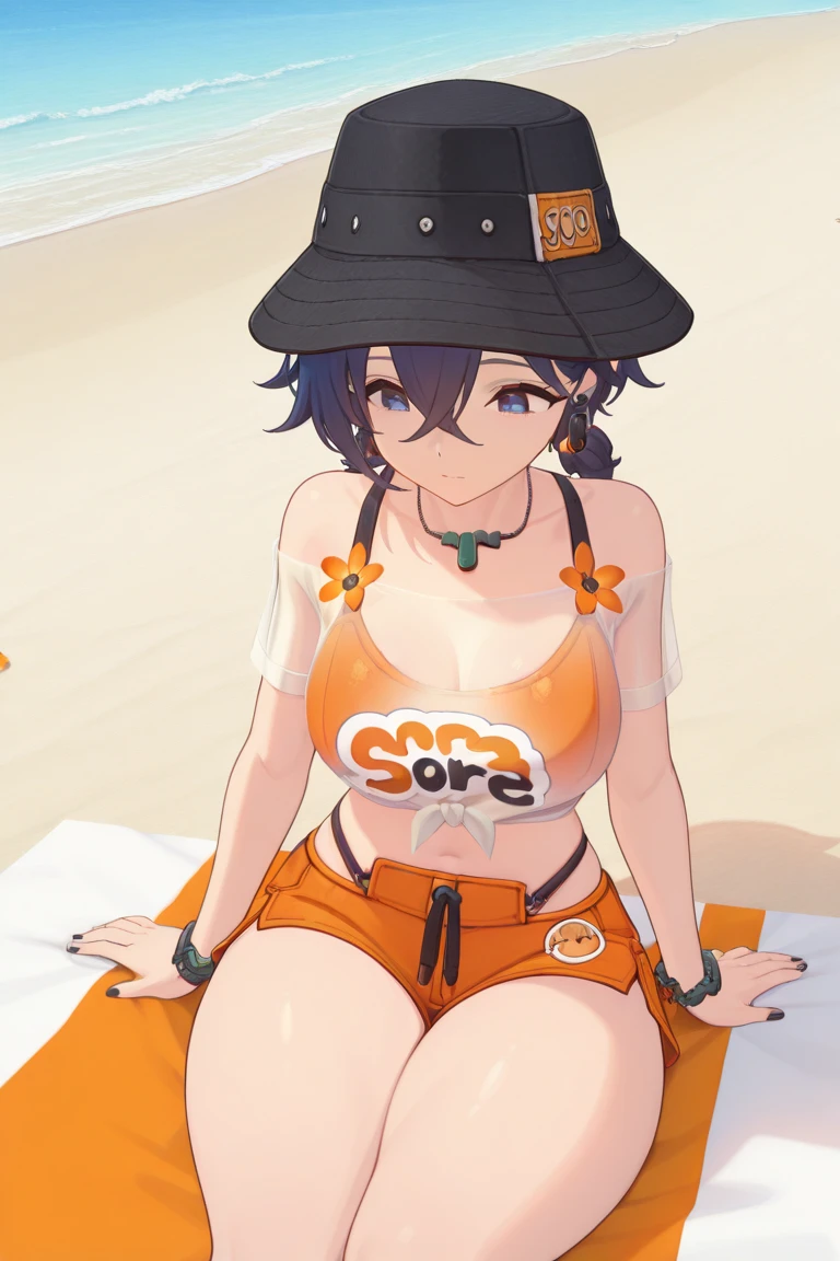 masterpiece, absurdres, best quality, eunie,1girl,brown hair, black choker,chest tattoo, open jacket, black jacket, head wings,blue eyes ,open mouth, solo, side view, resaturant, sitting, unbuttoned pants, belly visible, stuffed, eating, lot's of food incoming food, sushi, sushi plate, feeding, , medium breasts, perfect hands