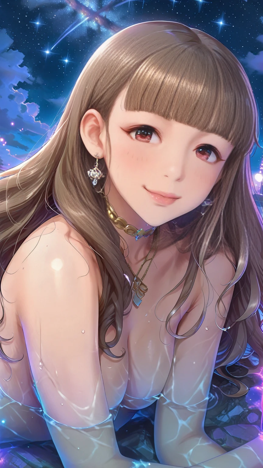 illustration style, smiling, goddess showing tits without clothes , cute face, details high extremely show tits,technology background ,medium tits, night ,Shiny tits ,medium tits,beautiful tits, smiling,night , Glossy Effect black hair, pink body , medium size hair,illustration drawing body ,high detailed, high quality, ultra HD, smooth,   glowing Big  eyes, cinematic picture, shiny body,