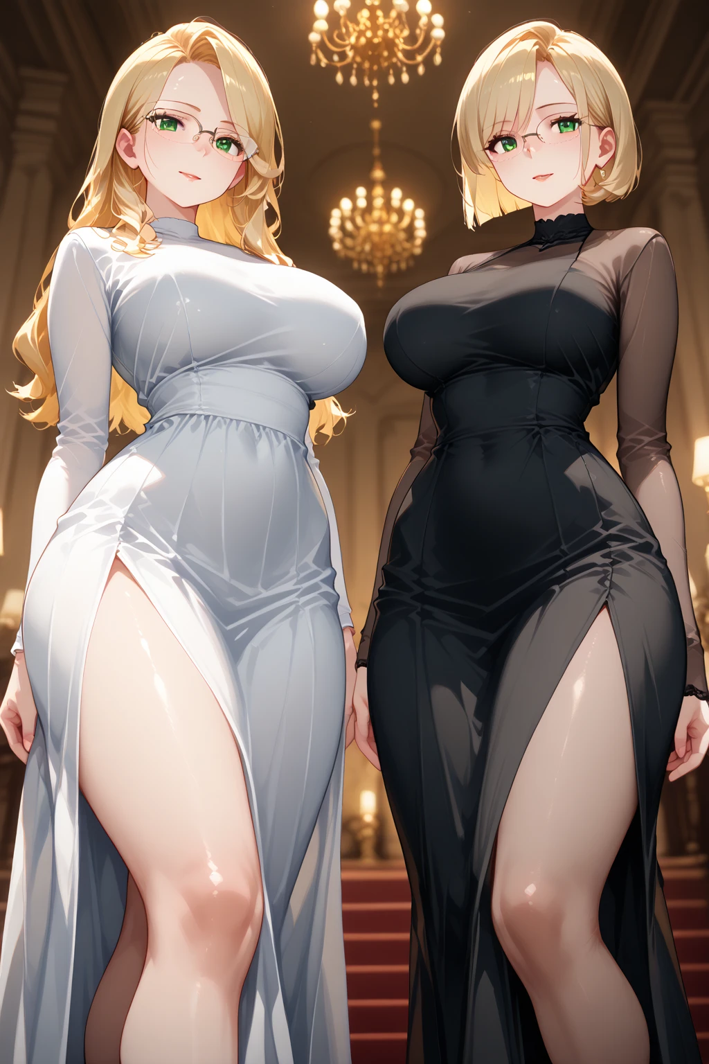 high resolution, highest quality, super high quality, super detail, ultra realistic, photorealistic, anime, manga, illustration, two beautiful cute girls hugging and kissing, white short hair, mysterious, enchanting, huge breasts, under boob, great proportion, perfect proportion, slender, full body, bedroom
