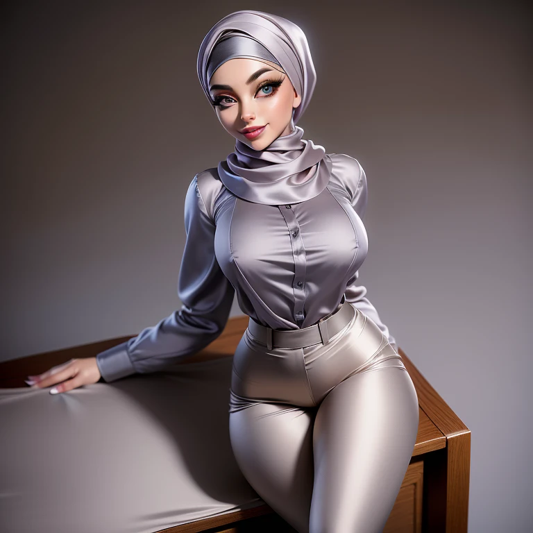 3DMM, ((Masterpiece, best quality, photography)), detailed skin, realistic, photo-realistic, 8k, highly detailed, full length frame, High detail RAW color art, diffused soft lighting, shallow depth of field, sharp focus, hyperrealism, cinematic lighting, hijab, a woman beautifully makeup, bold eyeshadow, beautiful big eyes, Brown eyes, long eye lashes, chubby, wearing ((beige satin hijab), ((gray satin shirt)), ((satin long trousers)), standing, under tree, sakura garden