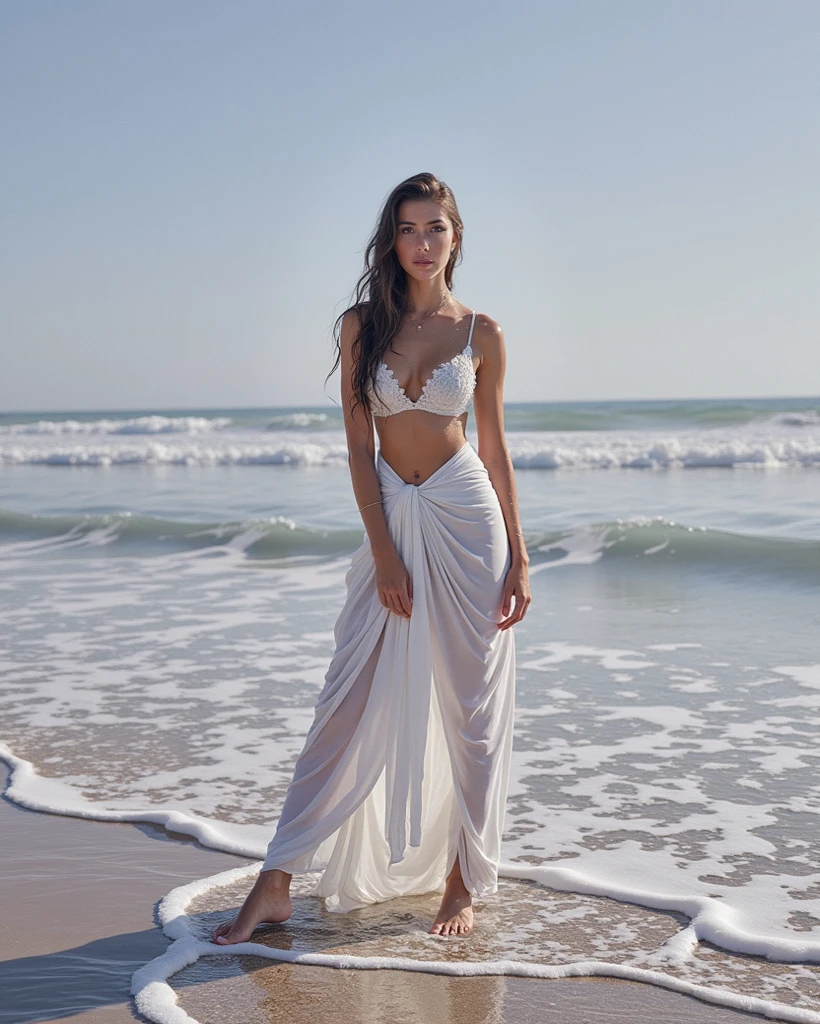 Masterpiece photography, Ultra realistic, 4k, 12k, hyper realistic, Surrounded by the pristine beauty of the Maldives' turquoise lagoons, the beautiful woman becomes a vision of serenity, her ethereal presence mirroring the tranquility of the crystal-clear waters, leaving an indelible impression of natural grace and serenity.