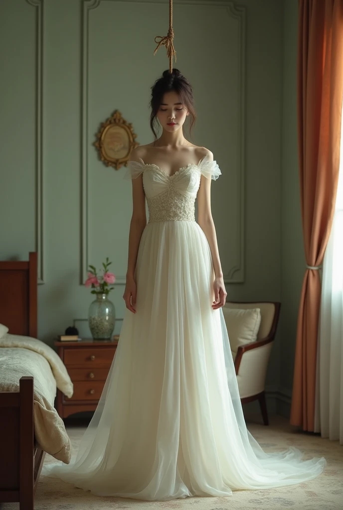 Best quality, 8k, 32k, Masterpiece, Masterpiece, (Photorealistic: 1.4), RAW photo, ultra realistic, 1girl，Fashion model, Wearing a white mermaid wedding dress, tulle fabric, full length view, pose in white room with indoor decorative palm tree, Stand upright