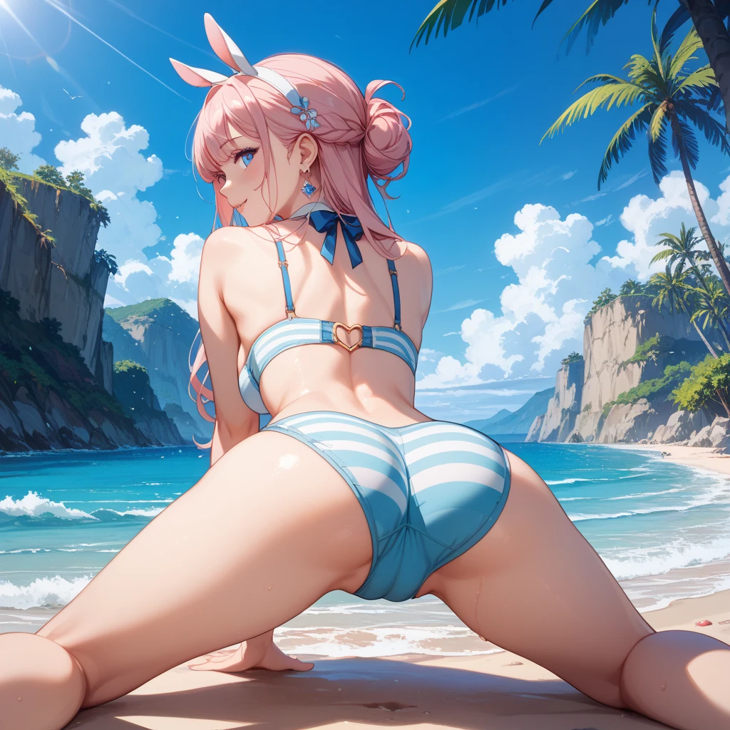Beach beach bikini girls,Fair skin,Snow-white eyes of wisdom,Exquisite facial features,laying on a beach,Make sand sculptures,white panties,Pink hair,long hair floating in the wind,Legs adducted,cradling hands,Hair on the chest, ass,ass focus, looking back, big ass, large ass, good ass, huge ass, (big ass:1.2), (large ass:1.2), (beautiful large ass:1.4)