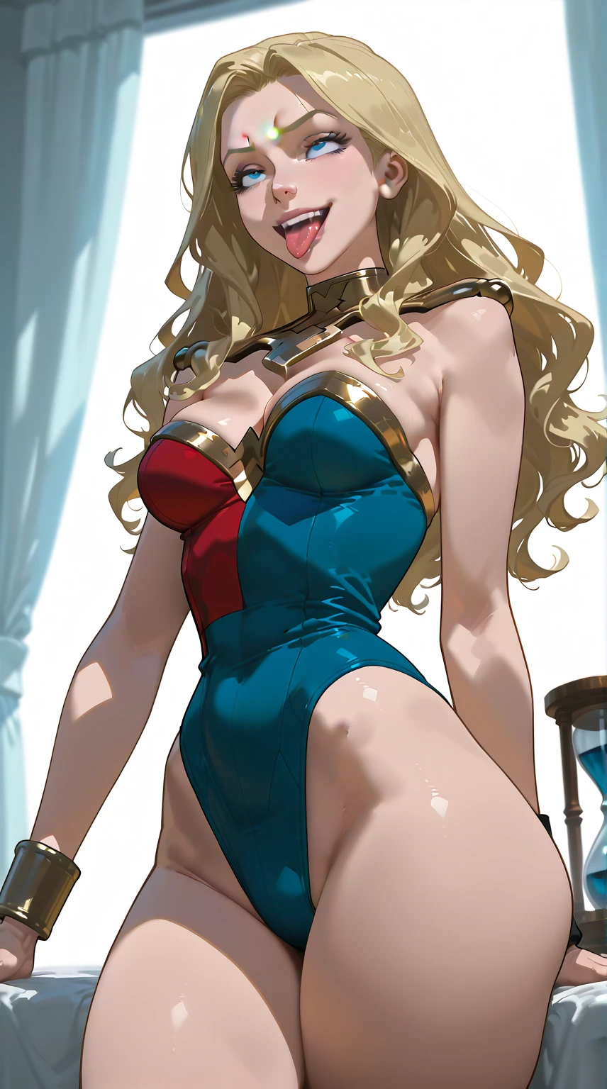 Boa Hancock:1.5,Mature Woman, elegant, blonde, Green Eyes, Asheria&#39;Costume, Crown, short hair、Twin tails、Fur trim, Portraiture, whole body, 4K resolution, high quality, Skirt flip,Showing off her golden panties,Camel Toe:1.2,