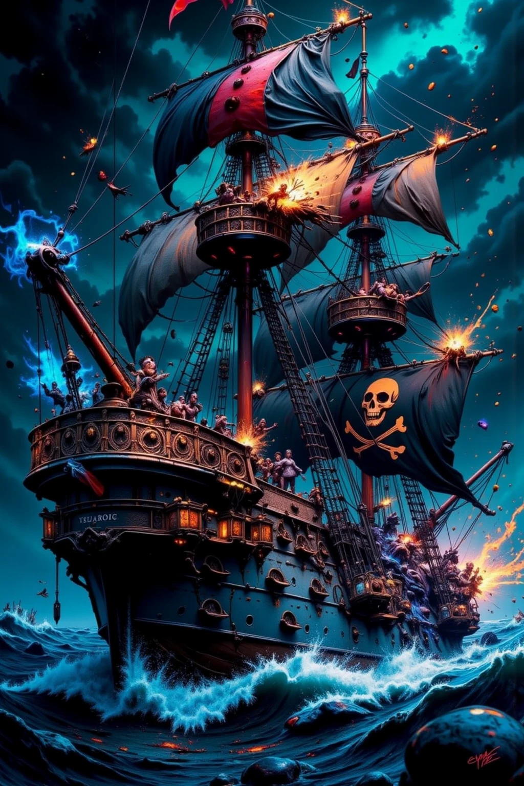 Pirate War, A pirate ship sailing on a stormy sea, dark clouds in the sky, lightning strikes, crew members battling with swords, cannons firing, treasure chest on the deck, detailed gritty textures, dramatic lighting, moody color palette, (4k,8k,highres:1.2), ultra-detailed, cinematic, action adventure, hyper detailed, masterpiece, best quality, very aesthetic, absurdres