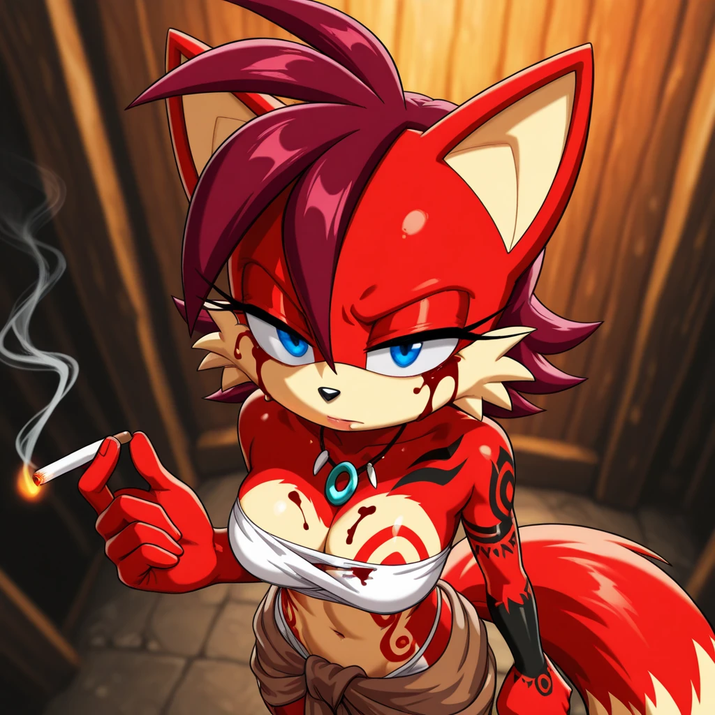 ((masterpiece)), ((best quality)), highly detailed, finely detailed, huge wolf girl, green eyes, ((black sclera)), (80s rock style hair), red hair, (red fur), long tail, (covered breasts), sadistic grin, small city, night, visible breath, steamy breath, angry expression, ((giant)), breathing green fire,