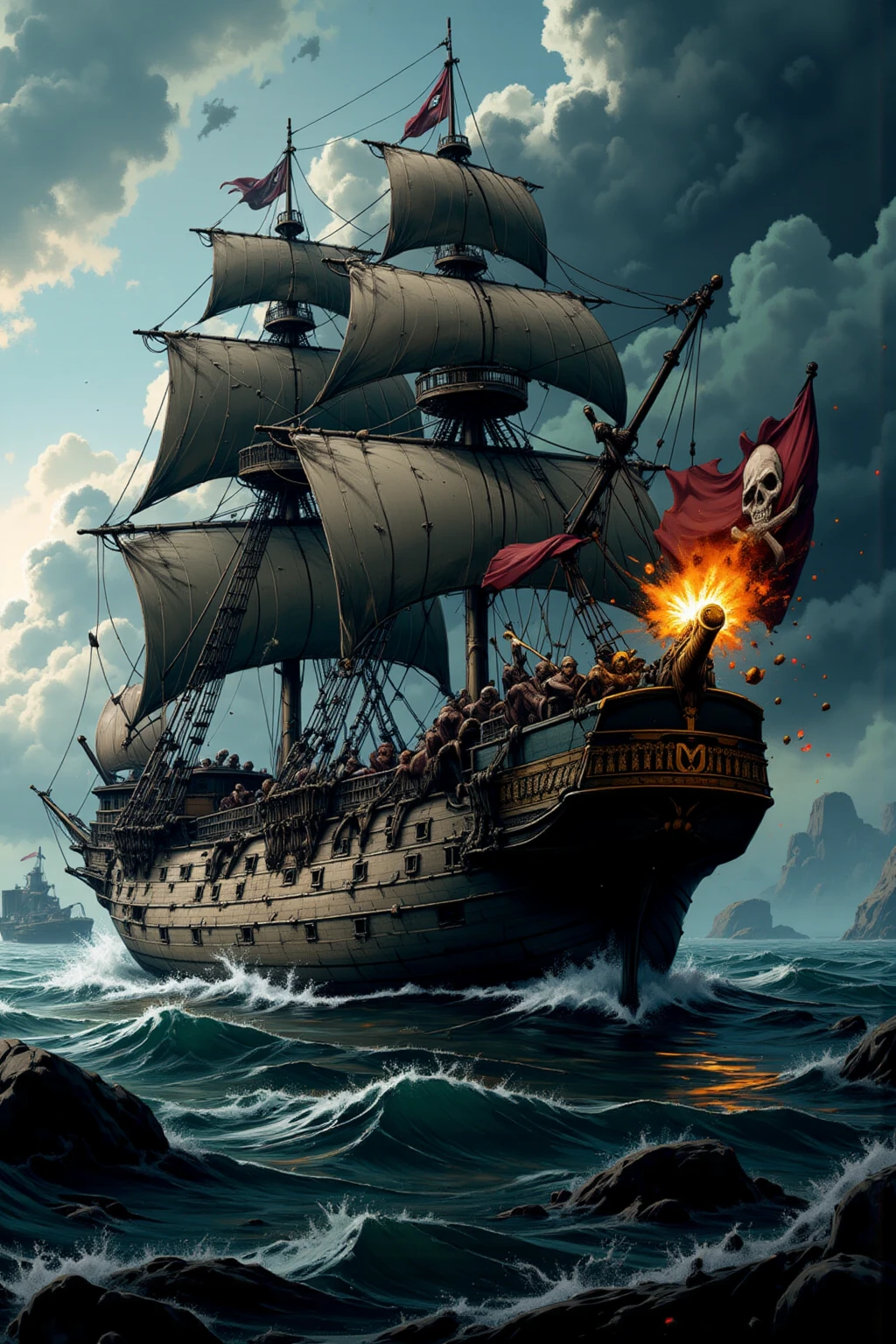 Large pirate ship, black wood, gold accents, red flag with a black skull with red eyes, black sails, sprawling ship bow, stormy ocean background, "One Piece-inspired anime features, drenched in dramatic and stunning lighting, dramatic lighting, infused with creative details, ultra-fine 2D design, scenery bathed in creativity, bathed in creativity, boasting HD anime resolution clarity, HD anime graphics, high-octane rendering"