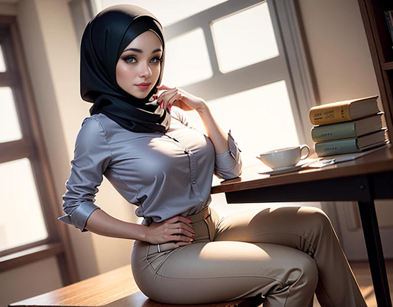 (1 girl), sitting on a chair in an office, ((wearing hijab, wearing shirt, wearing long pants)), shot from above