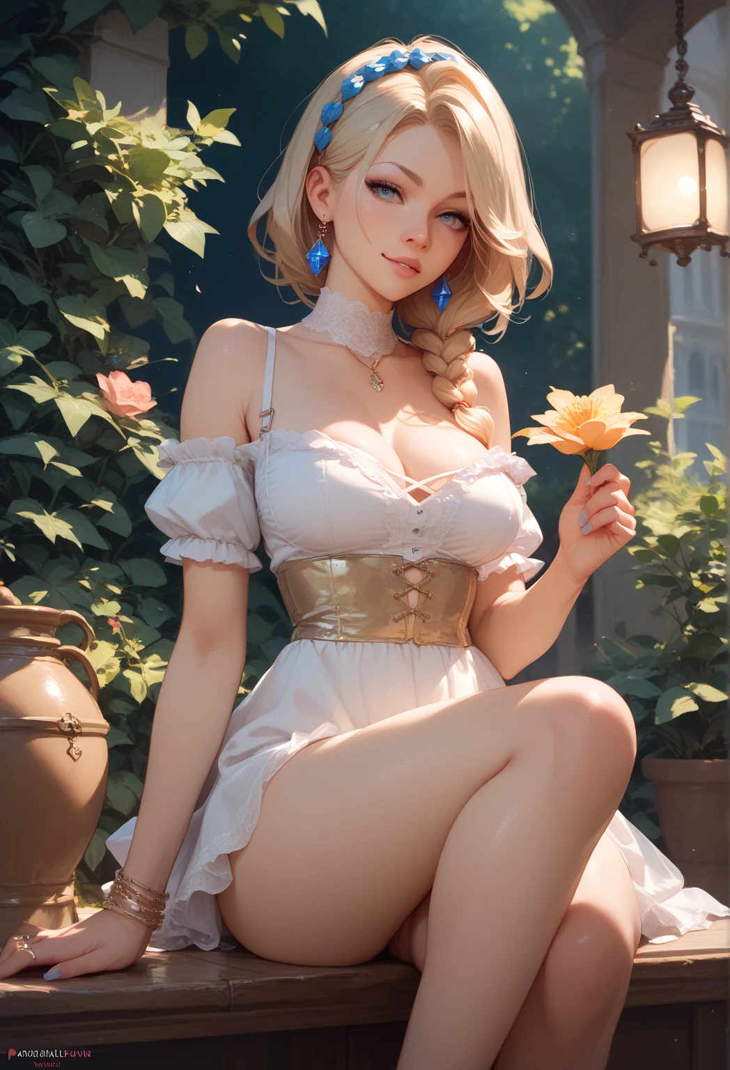 8K, Delicate image quality, best quality, (((blond updo))),20 year old Beautiful girl, masterpiece, best quality, ultra detailed, naked, blush, (((sit))), ((pubic hair)), shout,((flower garden)),massive female , closed eyes, (((masturbation))),(((touch a woman's genitals))),(((Leg spread)))