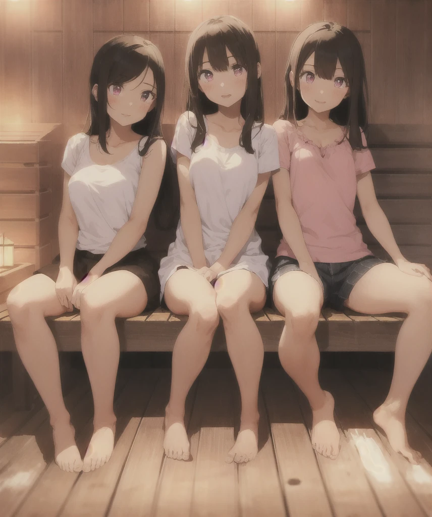 ((Highest quality)), ((masterpiece)), (detailed),Perfect Face,Strong light from the front,With front light,Fully nude sisters sitting on their knees at a nudist beach with their legs spread wide and showing their naked groins to the camera,