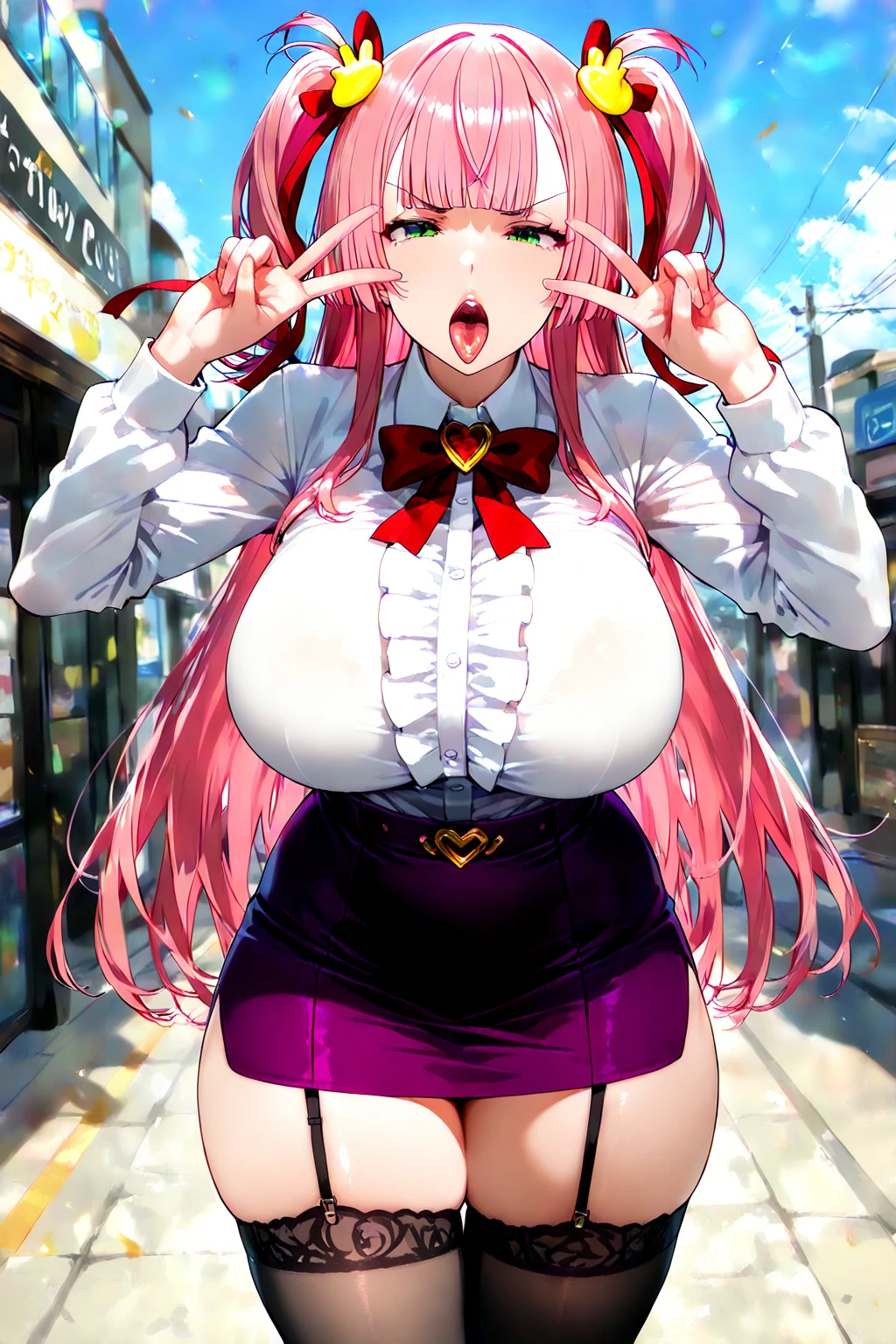 PERFECT MASTERPIECE, EXTREMELY DETAILED CG UNITY 8K UHD QUALITY RESOLUTION, RAW PHOTO, AWARD-WINNING PORTRAIT, OFFICIAL ART, HYPER-DETAILED, PHOTOREALISTIC, BEST QUALITY, The most beautiful and sexy school girl, very long pink hair, vibrant moonlight, long detailed eyelashes, blushing, full pouting pink lips, curvy body type, full hips, super huge enormously gigantic tits, cleavage showing, gigantic  bursting out of her uniform, wearing a school girl uniform and school girl skirt, arching her back in a sexy seductive slutty pose, looking at the viewer, close up pov camera view from below, sexy seductive slutty facial expression, school campus background