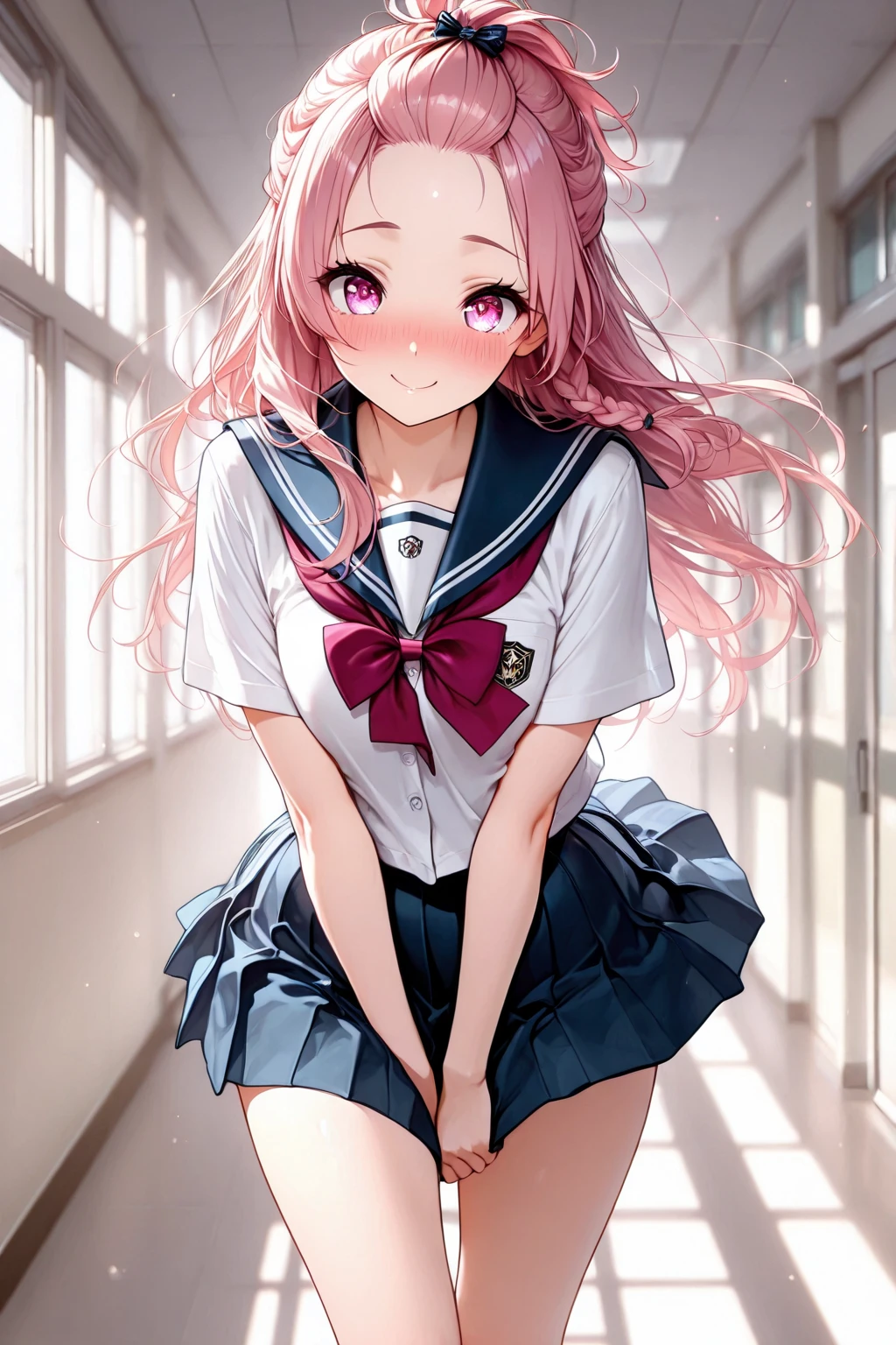 Pink Hair、Pink Eyes、girl、Small breasts、Bun Hair、girl、Small breasts、Lolita、Bright smile、Looks about 15 years old、Petan Musume、short、目のhighlight、Sexy thighs、School、Short-sleeved sailor suit、mini skirt、Your eyes are so beautiful、highlight
