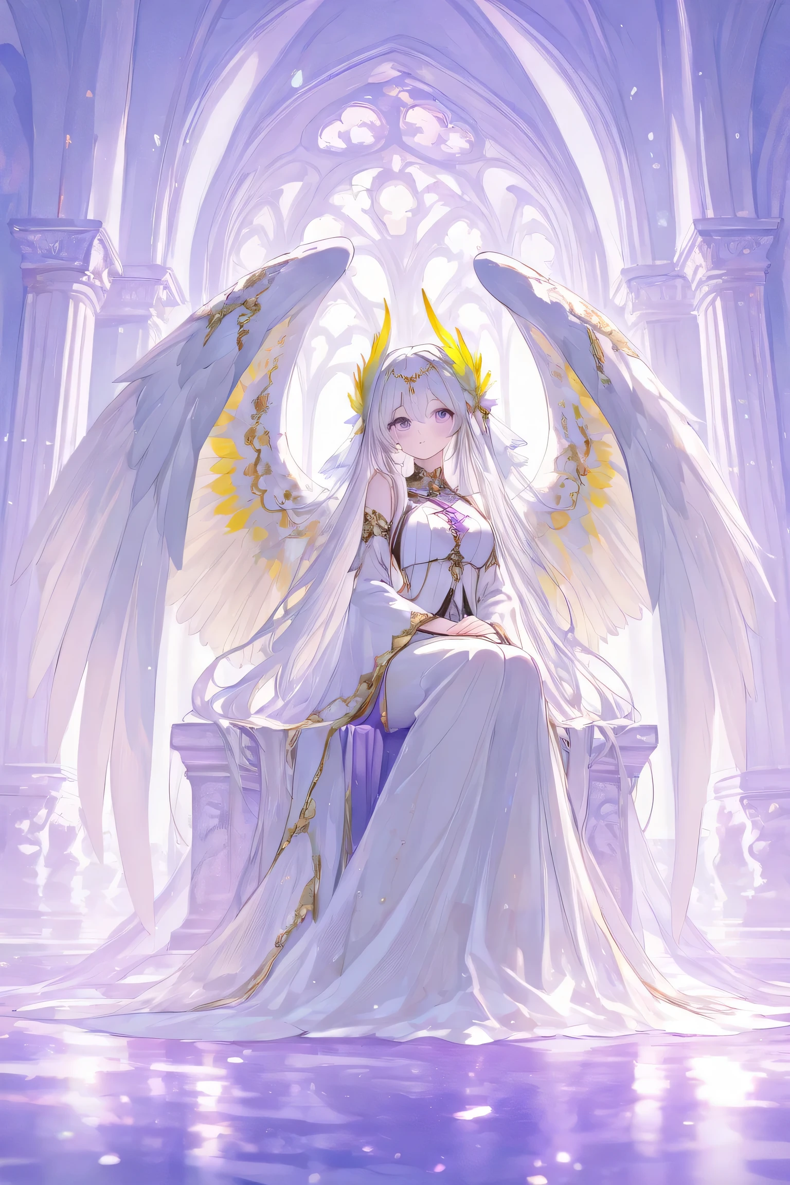 With purple eyes,An elegant young woman sitting in a pure palace. Her long, beautiful white hair flows over her shoulders, are adorned with a bright white and yellow feather on the head, Her serene and ethereal appearance. Her charming wings shone in purple hues, Big Wings,Each ratio captures light,creating an elegant effect reminiscent of the sparkling sea. She wears an elegant top that matches the tone of her tail, ,with gold details,, adding a touch of royal charm.The splendid European style temple, Their white and pure ambient light illuminates, creating a quiet and peaceful atmosphere. The scene exudes a magical and serene mood, is reminiscent of a charming fantasy world.