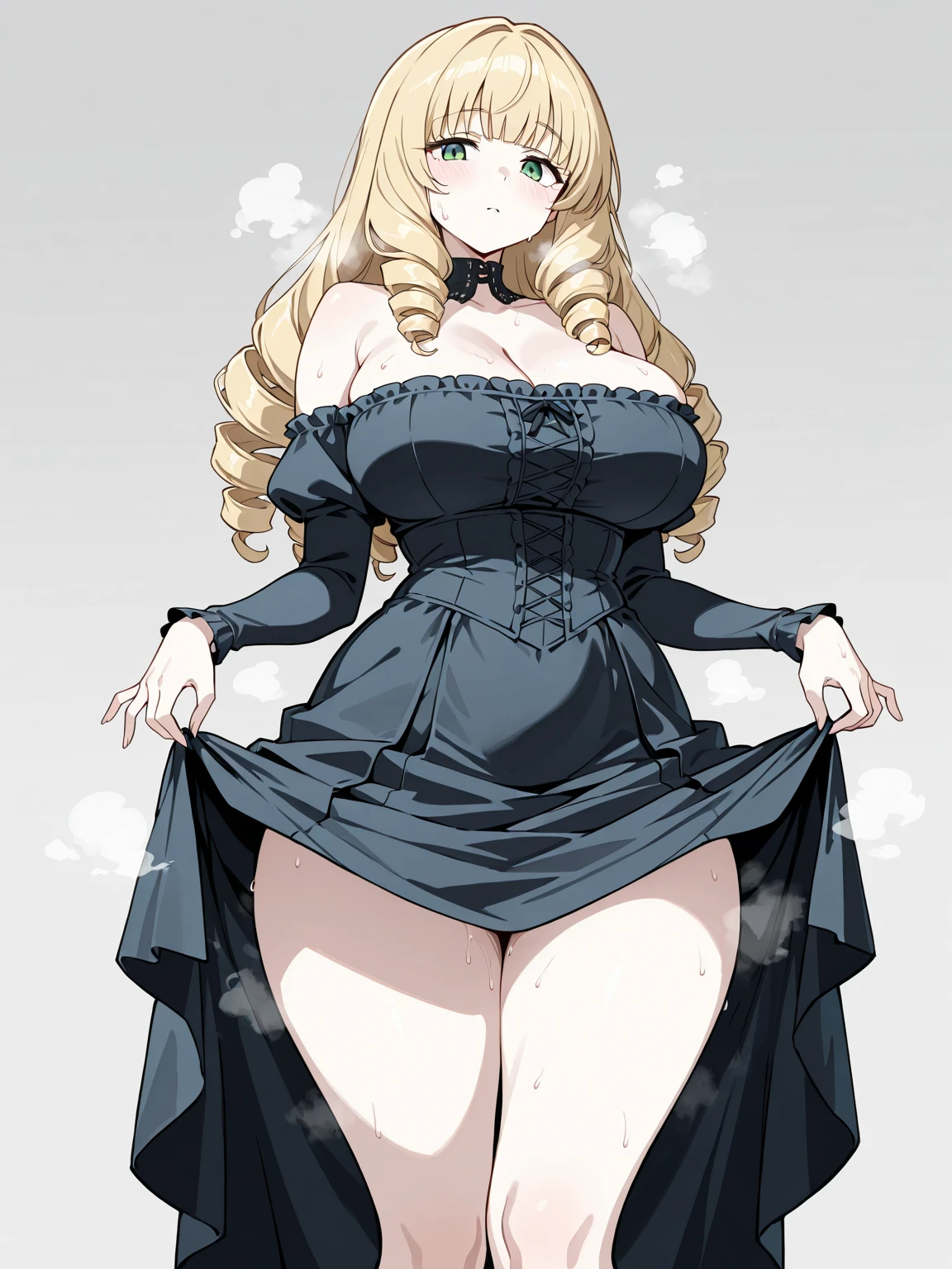 Caricatura de una mujer con un vestido negro con una barriga grande, Su vientre es gordo y redondo, Ella tiene un vientre redondo y gordo y tembloroso, her belly button is exposed, vientre embarazada, Lineart negro grueso, Loli en vestido, insanely inflated hips, Absurdo ondulado blob en un vestido, Thicc, Androide 18, body swelling about to explode,nalgona, culona, enana, panzona, barrigona, little dress, caderas anchas, cabello color rosa, estomago hinchado, gran barriga, mujer rechoncha, jovencita panzona, estilo anime, japones, manga