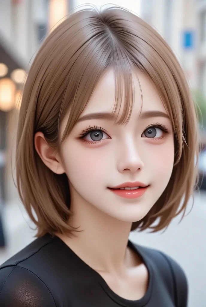 detailed face, cute face, master piece , best quality , woman , bowler hat , bangs , smile , outdoor, Shiny platinum blonde silky super short hair, side locks, beautiful shiny bangs, big clear sky blue eyes, very beautiful light eye highlights,  earrings

