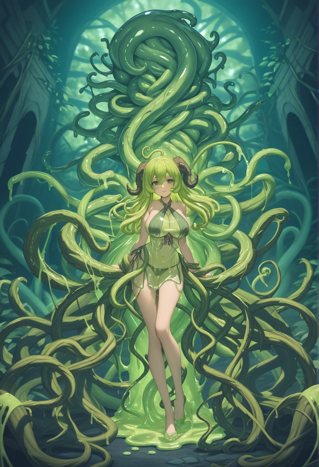 Woman wearing hot water dripping tentacles、Guyver Style、wicked smile、Entangled tentacles、Scarabeleploid、Cel Shade Adult Animation、Metroid Suit、long  hair、a large amount of mucus、Den of Monsters