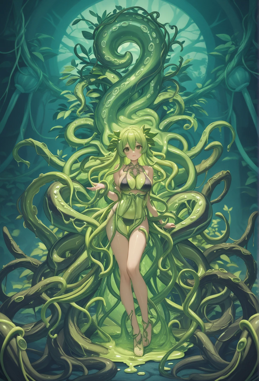8k quality, high colours, Anthropomorphic girl, blue skin, (green hair), slim body, human face,red eyes, small breasts, green leafs like panties, green leafs like bra, clothes, 2 plant tentacles from back, hands on the belt, in a tropical forest, full body, on the lake, tiny hips, plant-based clothes, front view, green leafs dress,