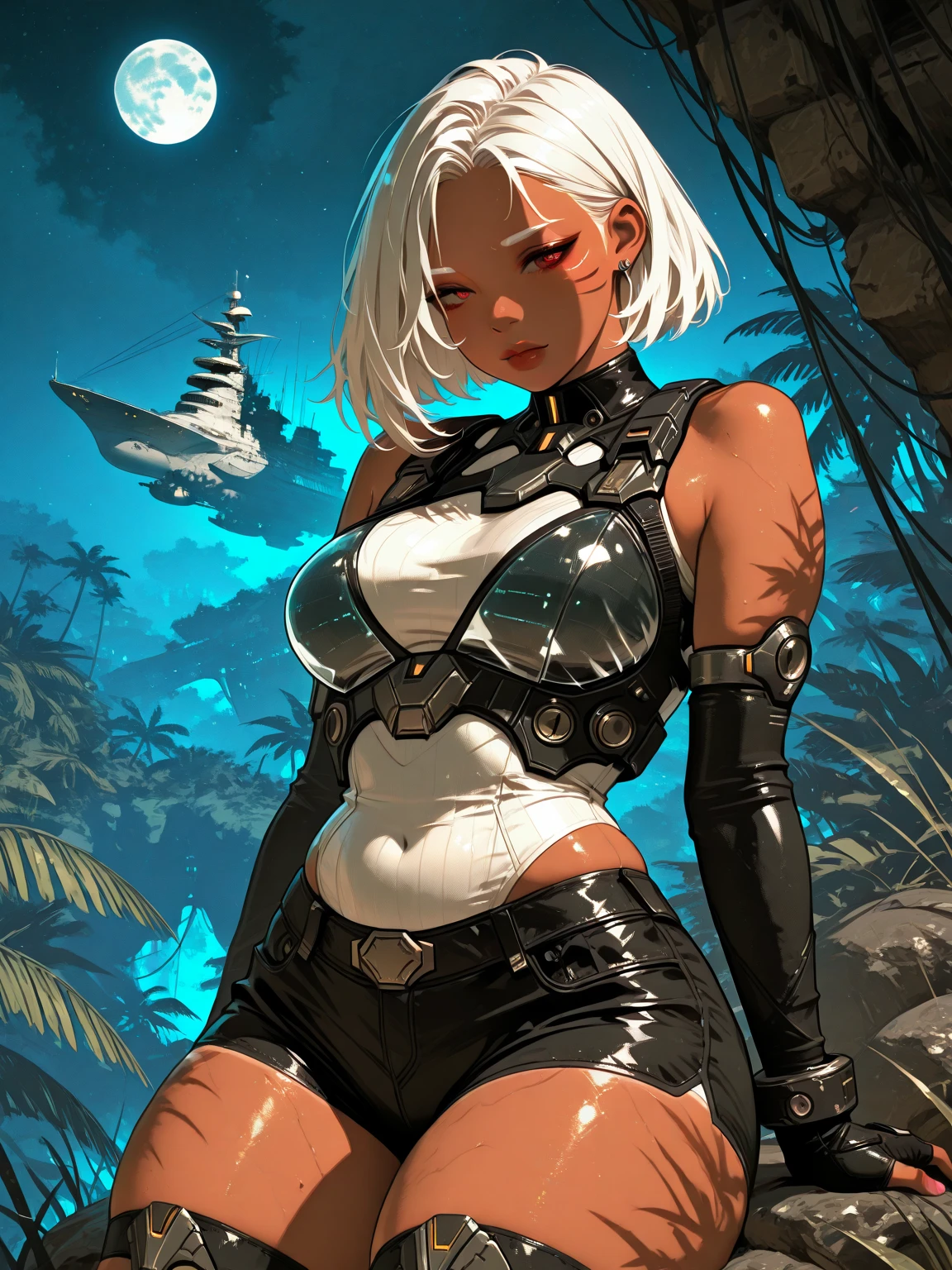 curvy female orc with green skin all over and blue hair, posing on the beach smoldering gaze, orc green skin, fantasy leader armor modeling --auto
