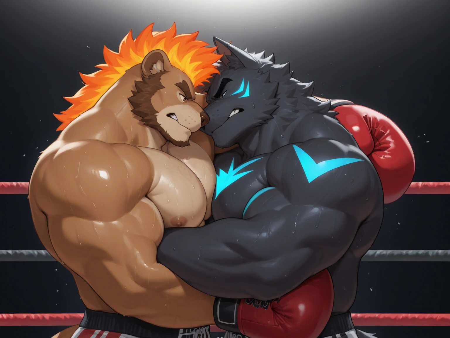 Duo male(Brown Lion with mane vs White Tiger, handsomes, handsome hairstyle, Thick eyebrows, detailed face), gay(Lying down, cuddling embraced, kissing each other, on a UFC match), hot(Shirtless), handsomes(They are handsomes, correct anatomy), musculosos(Big muscle bodies, Six packs, muscle abs, big pecs), sweaty(very sweaty wet bodies, shiny sweat), tatuajes(they have tattoos), grumpy(Both have an grumpy expression, grumpy teeths, steaming breath), UFC gloves(They both are wearing UFC gloves), Hight resolution, by(Zourik:1.1)