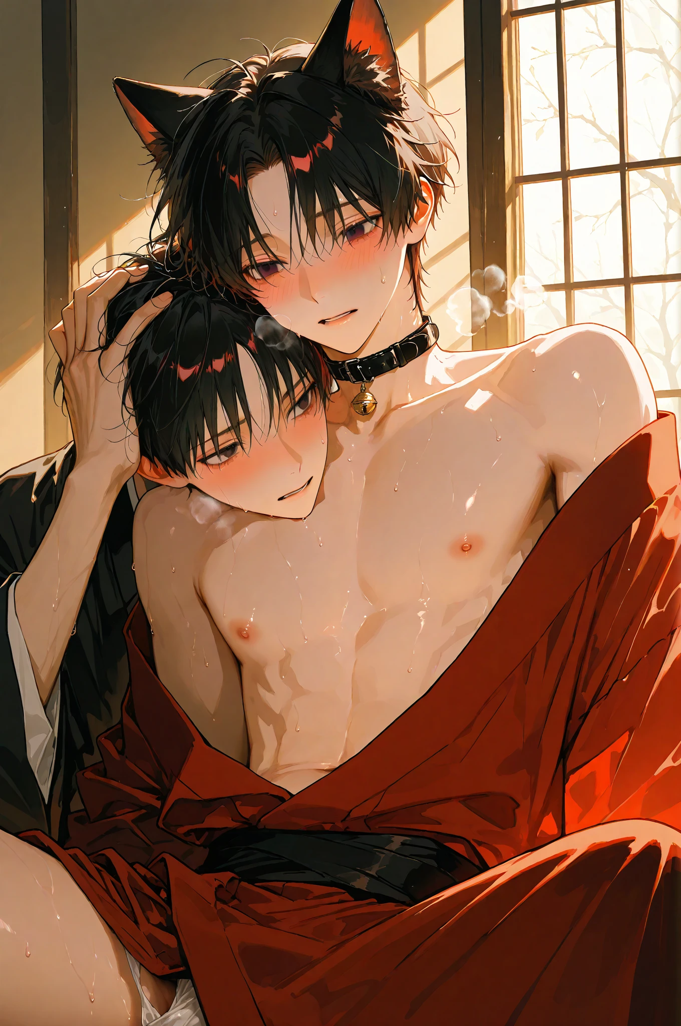 (Situation)Two men, mutual love, young men, BL, homosexual, sex between men, two men lying on a bed, facing each other, kissing while looking at each other, dark room at night, Chinese style
(Common appearance) A man dressed as a woman, a slender man, a man in Chinese-style sexy lingerie with see-through fabric, a man in a Chinese dress with see-through fabric, women's clothing, elbow-length gloves with see-through fabric, see-through socks, nipples showing through thin fabric, pectoral muscles, bulging crotch, penis visible, erect penis
(1st person) A boy around 16 years old, black hair, purple eyes, ecstatic expression, shyness, feeling good, chest muscles, rubbing crotch
(Second Person) A man in his 20s, silver hair, green eyes, ecstatic expression, shyness, feeling good, chest muscles, rubbing his crotch