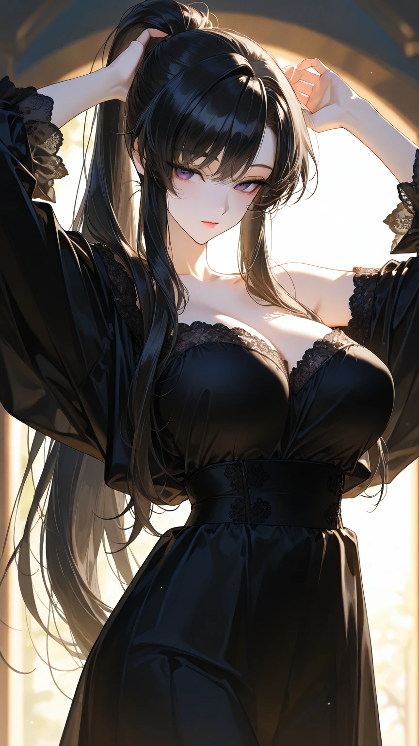 by Wlop, (Masterpiece) (Highest quality:1.4), (Highest Detailed:1.3), absurdres, Odette_ML, large breasts, thick thighs, full body composition, lifelike,smiling, Striking Contrast, Bold Composition, Evocative Intrigue, masterpiece,best quality, beautiful and aesthetic, cinematic composition, dynamic pose, (Rendered in ultra-high definition (UHD) resolution 8K:1.4), RAW,
