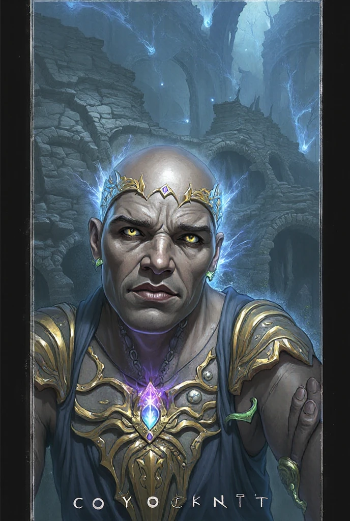 1boy, beautiful hewowtroll, blue skin, facial mark, tattoo, glowing yellow eyes, golden aztec armor with runes and glyphs, pauldrons, bandages, purple hair, mohawk, desert, volumetric lighting, best quality, masterpiece, realistic <lora:sxz-trolls-2:0.7>