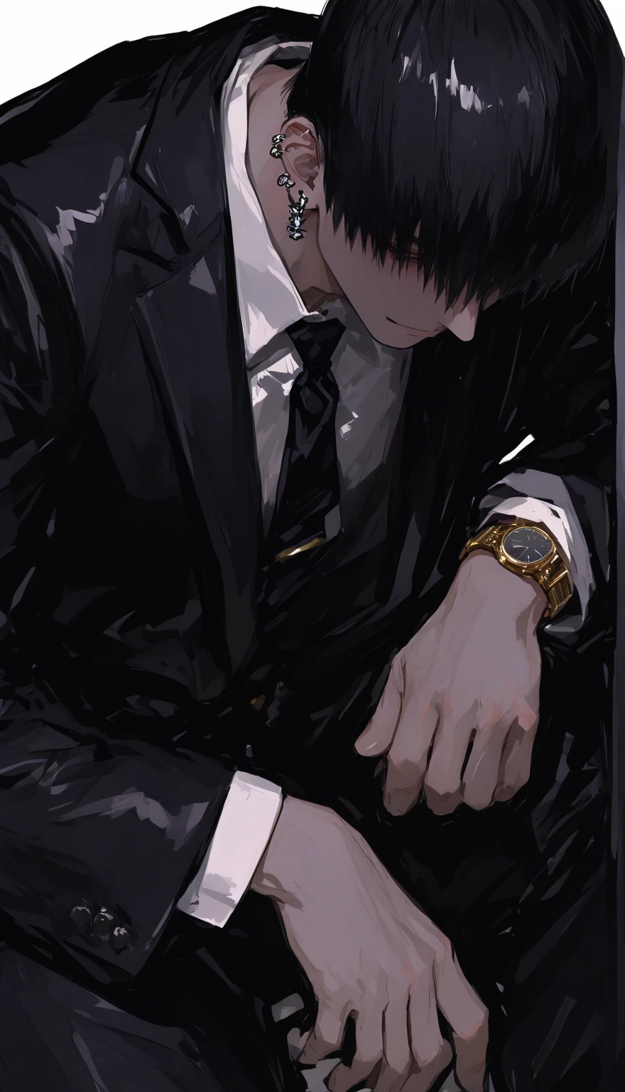 748cmstyle, masterpieces, of the highest quality, 748cm style . 1 boy, white background, above, ( suit:1.1), tie, :), (bloody clothes :1.1), completely dark, night , bloody hands , Wolfcut earrings , Long Neckline Hair, Aizu , Watch viewers .. smiles, shoulder-length head카락, Wolfcut earrings , Wolfcut earrings , shoulder-length head , facing forward,Naisho's pose