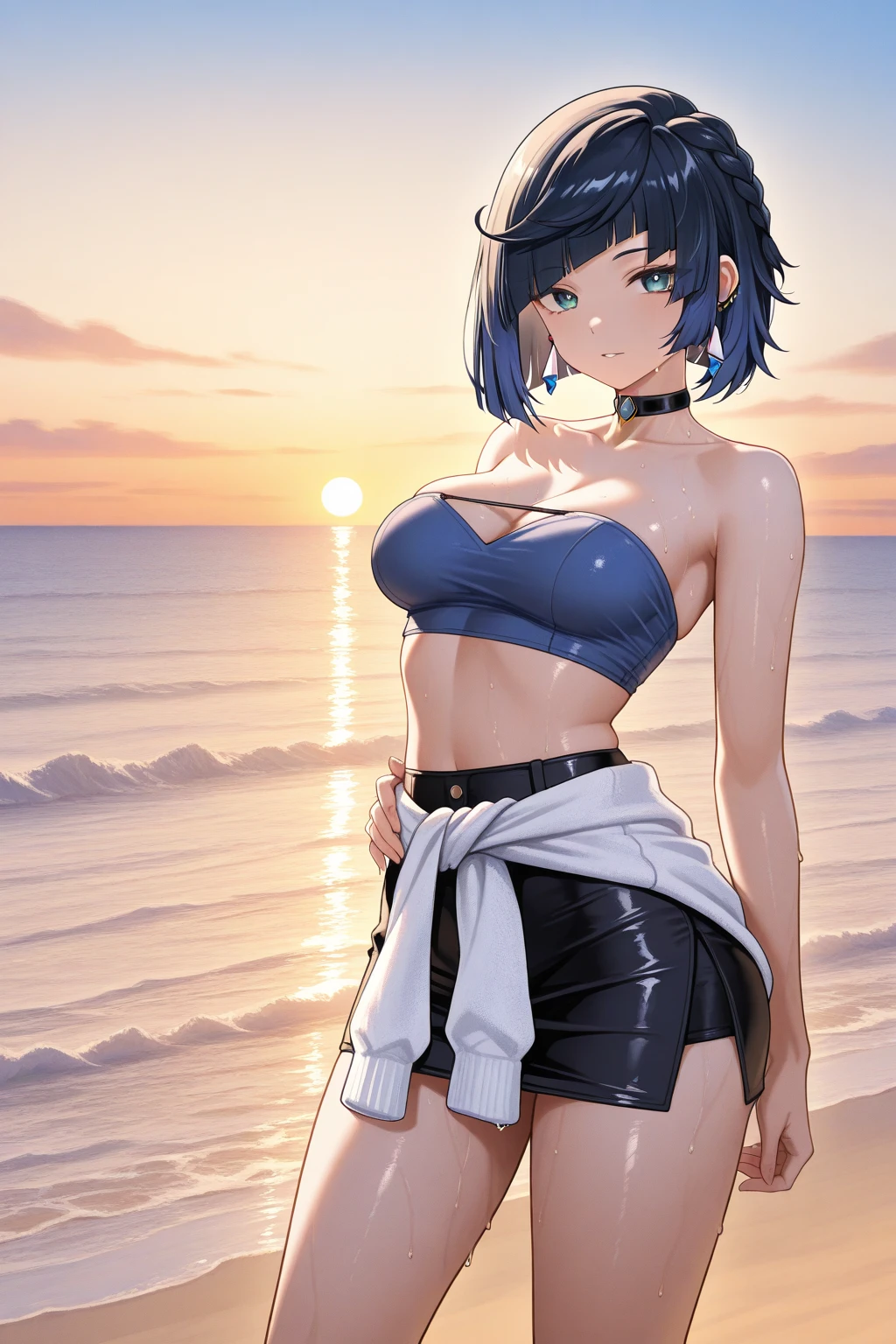 tall body, tall, long legs, mature woman, mature, adult, eft_oshi_akane, alone, 1 girl, blue hair, looking at viewer, medium hair, bikini, bangs, closed mouth, green eyes, multi-colored hair, short hair, hand top, sweat, bleached hair, blue eyes, on the beach, beach, more details XL