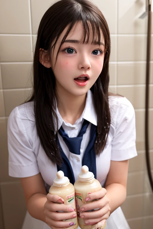 (masterpiece, best quality:1.2), 8k, official art, raw photo, incredibly absurdres, 1girl,15 years old,(loli:1.0),(small brests:1.2),(skinny:1.2),high school student,beautiful girl,(short ponytails:1.2),akb48,nogizaka46, 1girl, solo, looking at viewer, (smile:1.2), bangs,  black hair, sitting, ponytail,  sky, penis, day, indoors,    window, bed, on bed, curtains, ,bedroom,1man,penis,handjob, 1boy,(facial:1.5),(cum:1.5),( ejaculation:1.5),(fullnude:1.0),(serafuku:1.4), pov