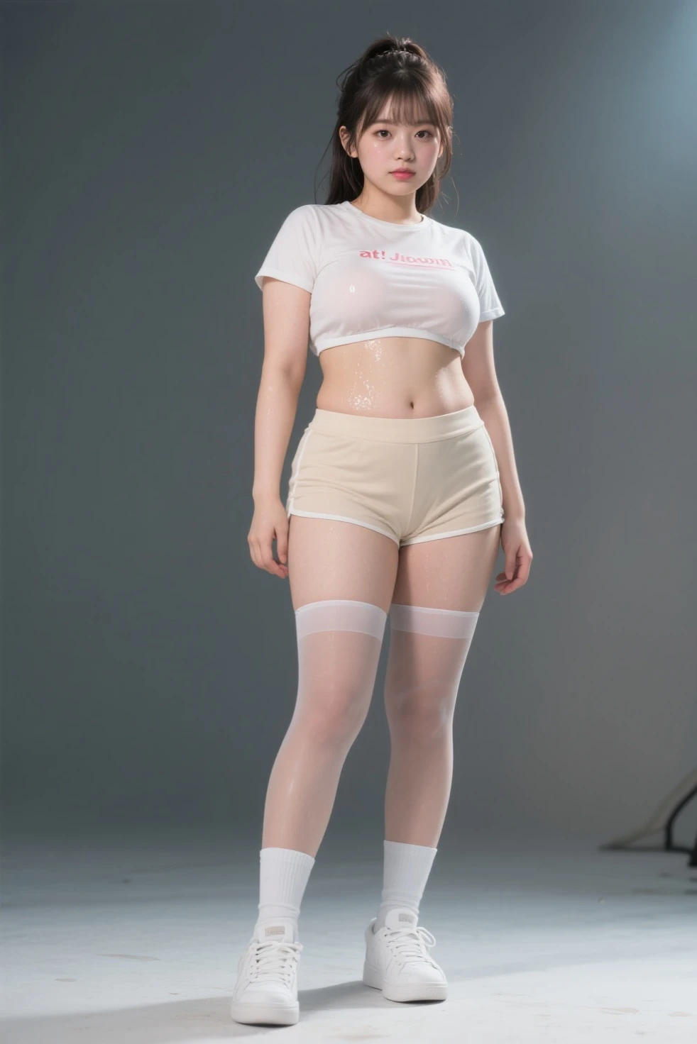 1girll,独奏,brunette color hair,double tails,shorter pants,sitted,swimming uniform,one piece swimsuit(Dead reservoir water),A plant,nedium breasts,looking at viewert,Low Twin Tails,shorter pants,obi strip,long whitr hair,High legs,White Ballsuit,cleanness,potted,inside in room,(Transparent shoes:1.2),Clear skin