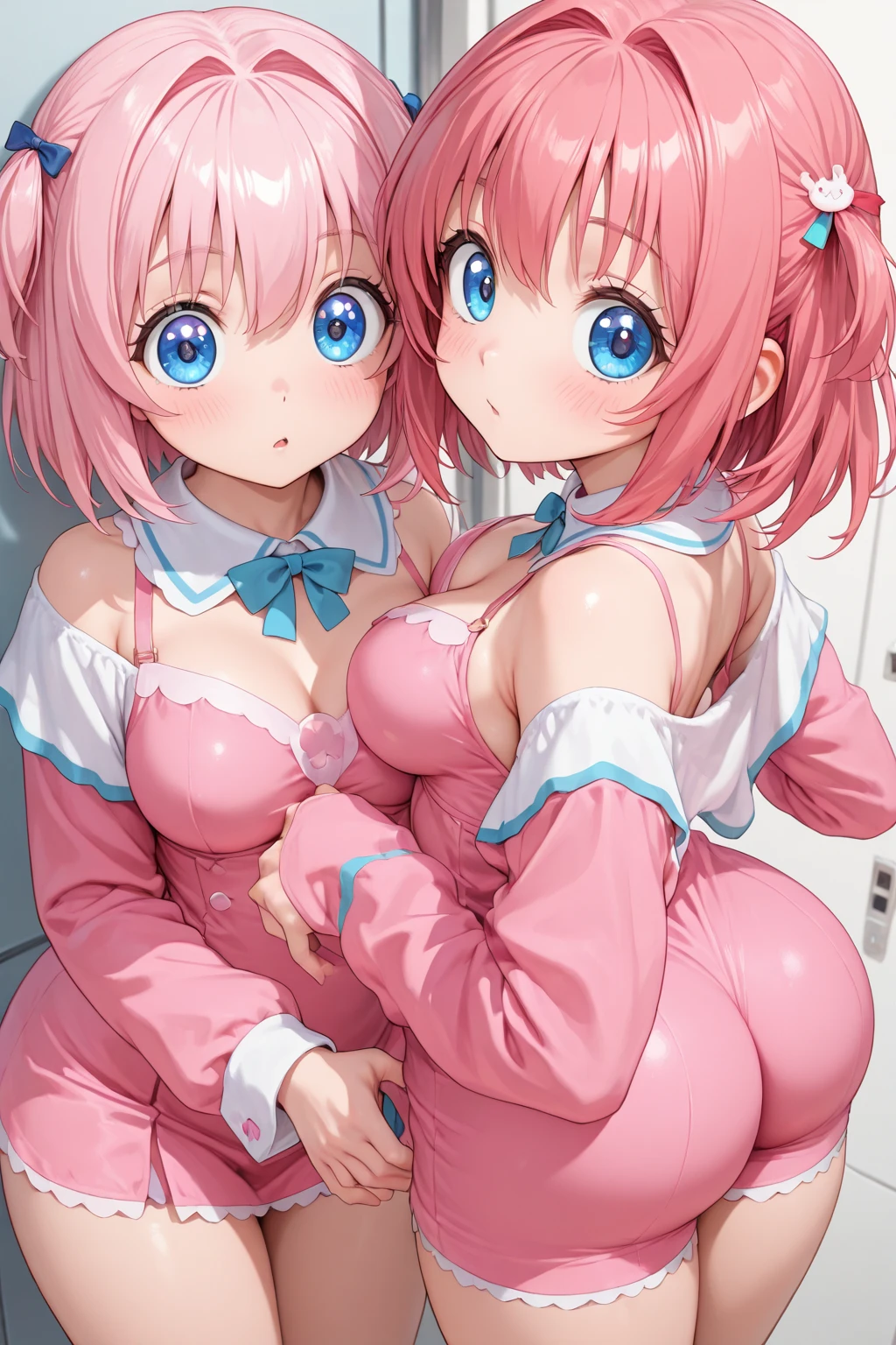 nsfw,Two Girls,Stick your butt out,on stomach,from behind,On all fours,Nipples,Sex,Light blue hair,Light pink hairstyles，Cat ear，Pink Eyes，light blue lolita，White socks，,Pink ribbon,Laughing with your mouth open,Best image quality,Highest quality