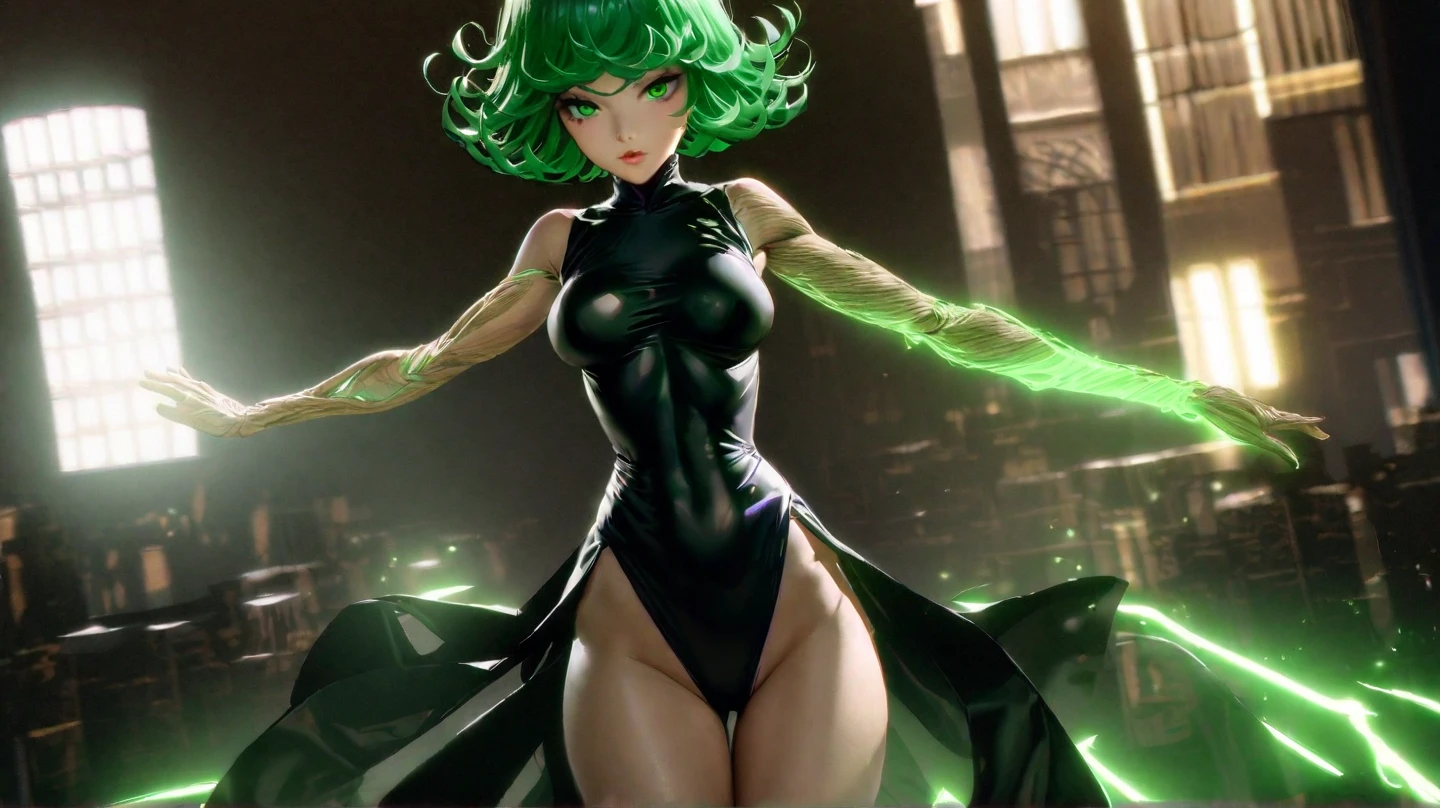Tatsumaki , Dynamic positions have a golden part, fragile physique, street, floats in the air, close up portrait, stands leaning towards the floor, beautiful , White Nurse's Coat, Short skirt, breasts fall out from under the robe, leans forward,  very erotic, arches his back, portrait of a girl, standing in a sexy pose, leans forward, beautiful фигура, Buttocks, beautiful грудь, very sexy, the texture is very durable，The picture is very clear and concise，Incredibly beautiful，Temperament elegant，in a spacious room, нежное выражение лица Tatsumaki из One Punch Man, short green hair, green eyes, , heels, Full body view, smiling, dynamic pose, Tatsumaki из One Punch Man, short green hair, green eyes, ,dynamic view, (masterpiece, Best quality:1.2),