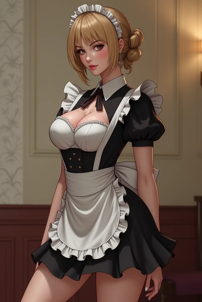 Anime sexy, exaggeratedly huge tits, giant hips ,huge thighs, thin waist , Maid outfit
