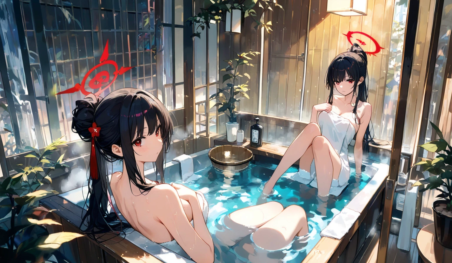 A group of women set in a medieval fantasy world、Dragon Quest、 (At the hot spring), Mr.々Hair style, Harem, night, Detailed aspect, Seduce, ((bath towel:1.5))、Huge Breasts、Big Ass、wide waist width