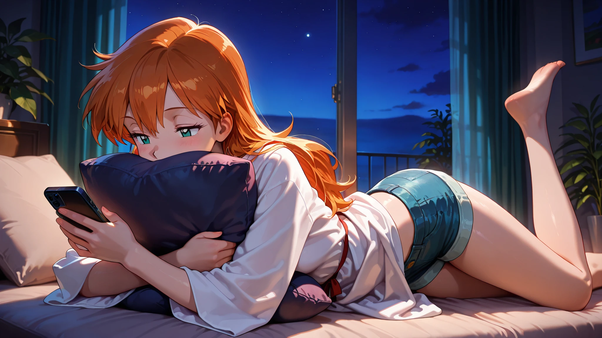 masterpiece, amazing quality, best quality, ultra-detailed, 8K, illustration, clear skin, ultra-detailed-eyes, soft skin, very awa, very as2, soft body, 1990s \(style\), official art, 1girl, misty, long hair half-closed eyes, lying on stomach, leg up, head rest, barefoot, light smile, holding smartphone, looking at smartphone, white robe, denim shorts, covering mouth, object hug, cushions, curtains, indoors, evening, night, window, plant
