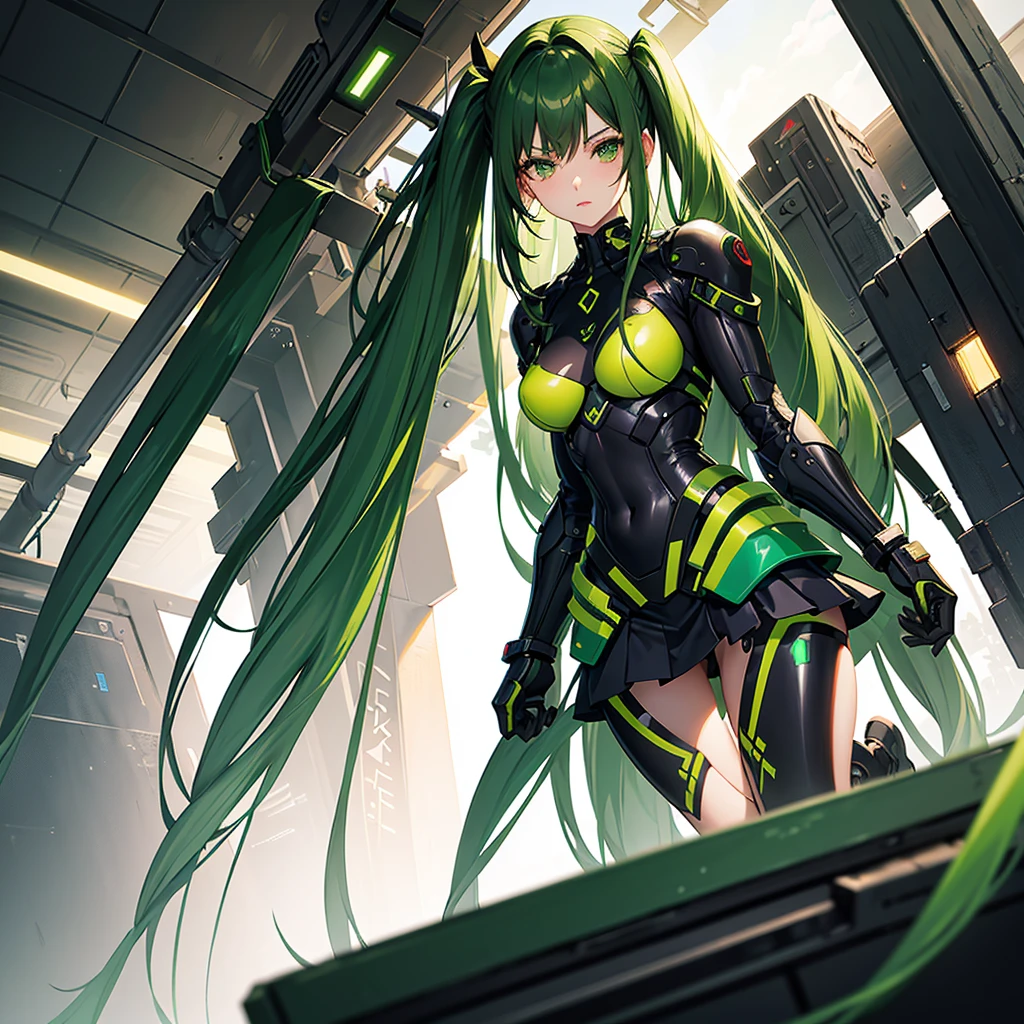 Highest image quality, Outstanding details, Ultra-high resolution, (realism: 1.4), Best example, Favor the details, Highly concentrated 1girl, Beautiful face, Wearing black and green armor, Wearing a mecha helmet, Handheld directional controller, Riding a motorcycle, The background is a high-tech lighting scene of a future city.