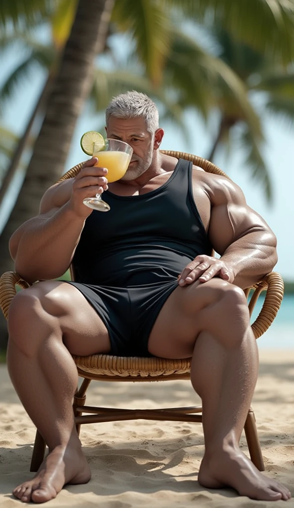 old man, muscle male, on a beach, sunny day, lens flare, big waves behind him, naked, lying on belly, ass lifted up, dreamy smile, graying hair, smiling, mustache, 