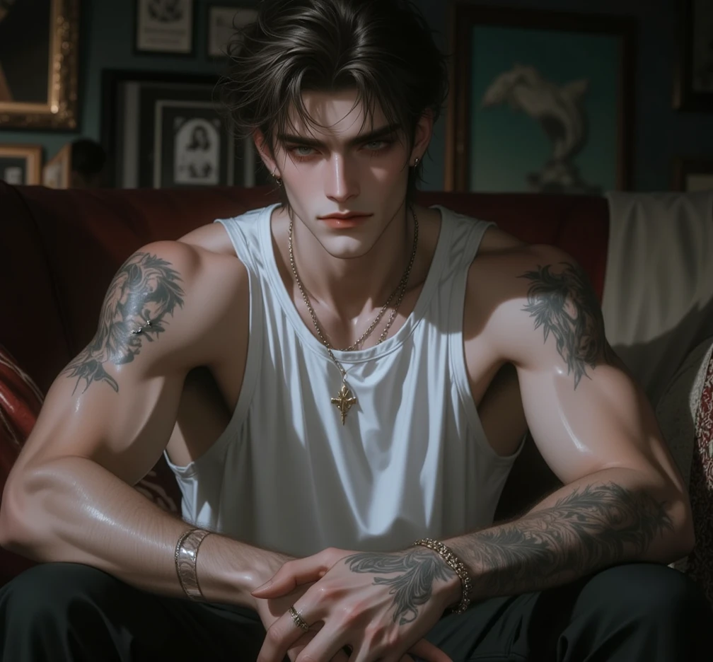 there is a man with a tattoo on his ????? and a shirt on, handsome guy in demon slayer art, handsome, realistic, ultra detail