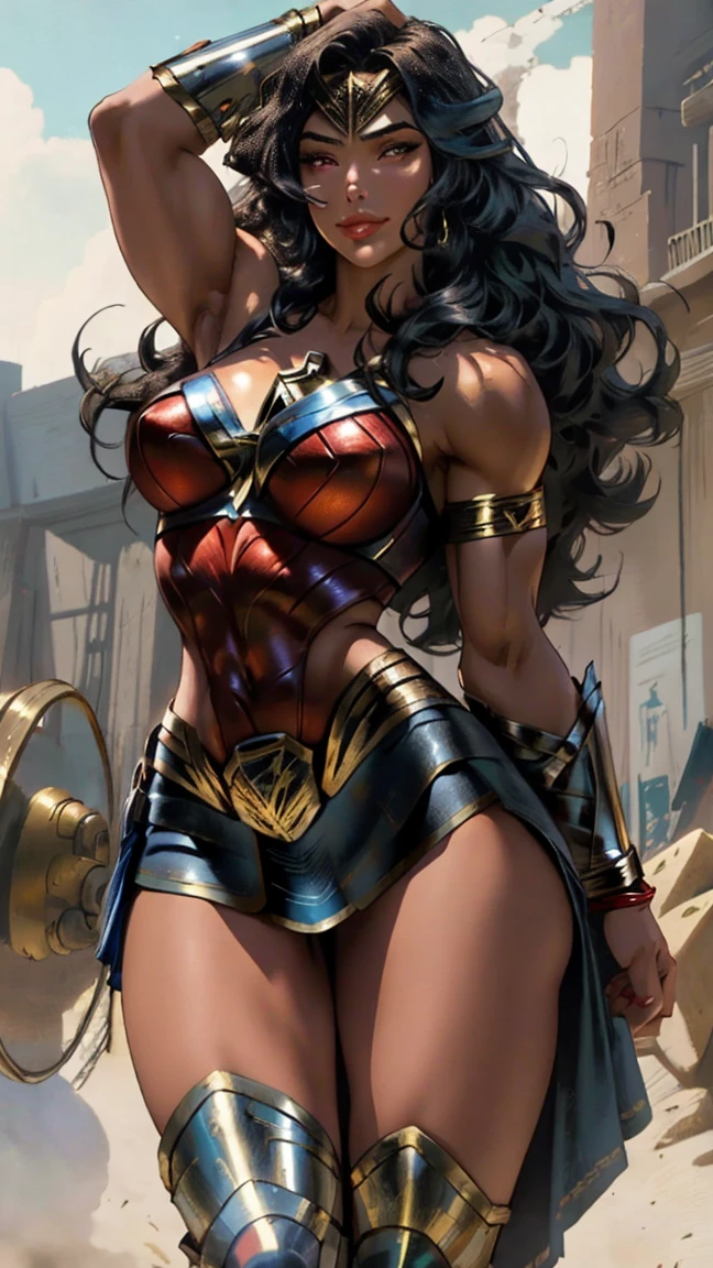 (masterpiece, top quality, best quality, official art, beautiful and aesthetic:1.2), (1girl:1.3), (masterpiece),( best quality), 1girl, long black hair, (tanned bronze skin: 1.3), bright hazel eyes, hyper-detailed, perfect body, detailed eyes, beautiful girl, superhero, leotard, war_glam armor, extremely detailed, portrait, looking at viewer, solo, (full body:0.6), detailed background, close up, spear and shield, bracers, armor, gauntlets, helmet, facemask, long boots, buckles, straps, ((((gigantic breasts, cleavage, skindentation)))), slim waist, slim hips, long legs, dark mysterious lighting, shadows, magical atmosphere, dutch angle,