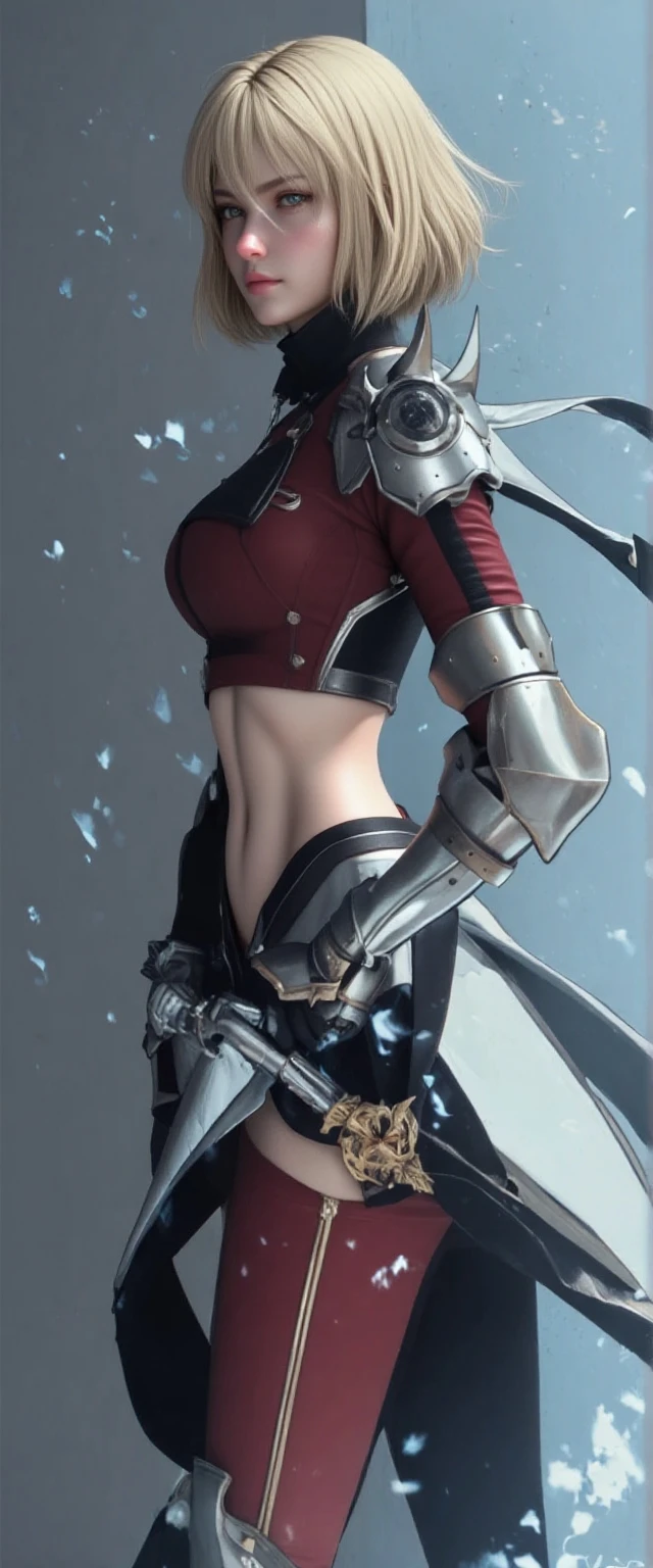 Tall girl, short blonde hair, high ponytail, cat ears, blue eyes, leather armour, open belly, pants, smirk, a sword, Masterpiece, hiquality