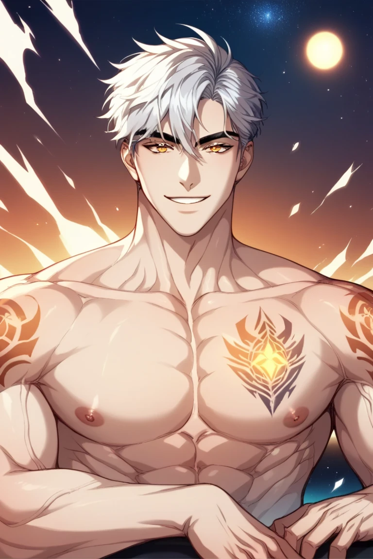 (anime style art,)extremely masculine muscular character,muscular,bodybuilder, huge bulge, sexy, smirk, erotic, 8 pack abs, 1boy,adult,solo, masterpiece, best quality,4k, Main, rainbow,, hair, cape,bare chest, suit pin?, fashion, catwalk, fire, water, magic, stud, boyish, cute