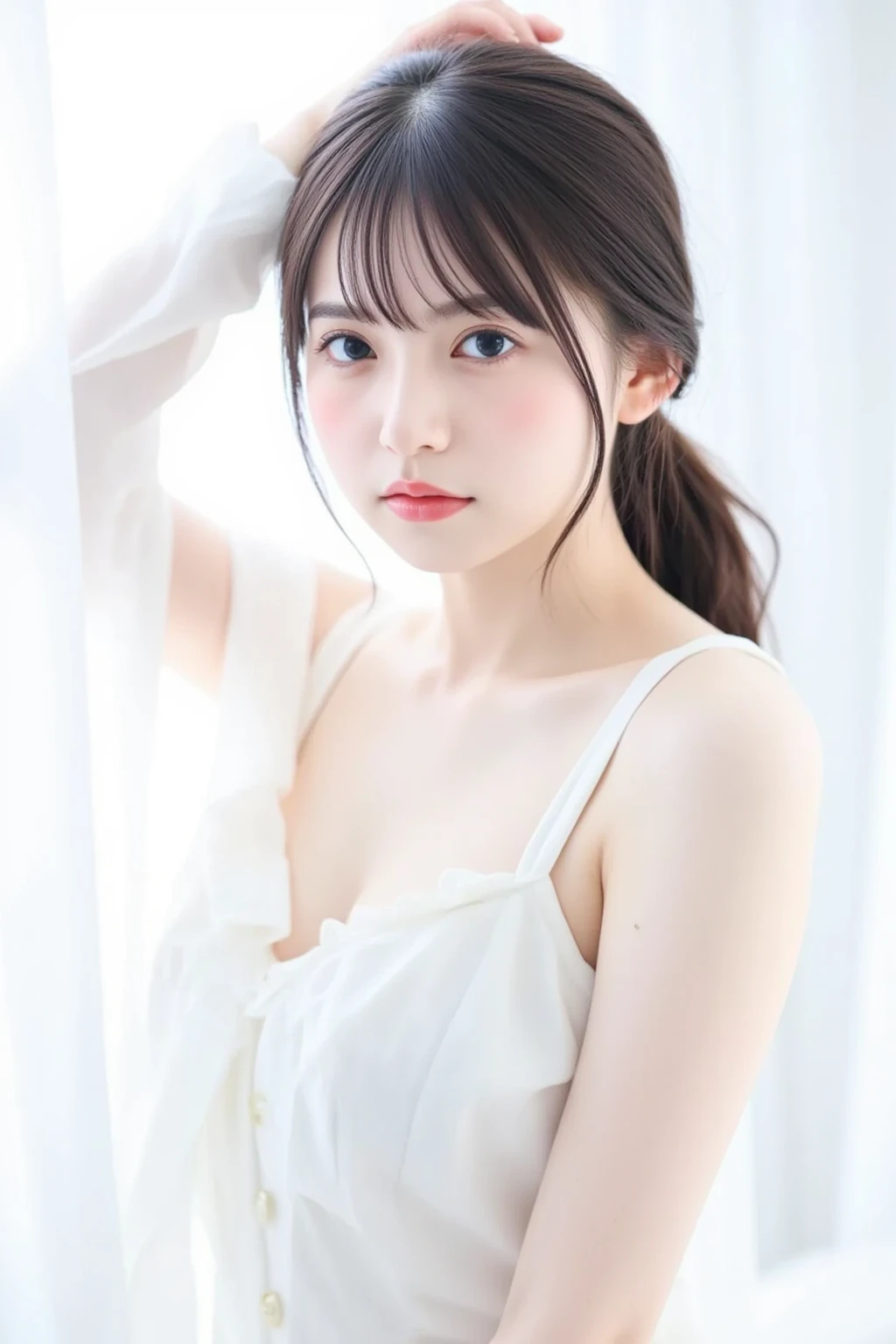 masterpiece, top-quality, 8K, absurderes, (The upper part of the body:1.4), white shirt, beautiful a girl, Clean face, looking at the viewers, a smile, A hyper-realistic, hight resolution, a picture, film grains, chromatic abberation, foco nítido, face lights, Dynamic lighting, 电影灯光, Professional Shadows, simple background, (White background:1.4), highestdetailed, ighly detailed, ultra-detailliert, finely detail, authentic skin, delicated facial features, detailed faces and eyes、Realistic pupils、