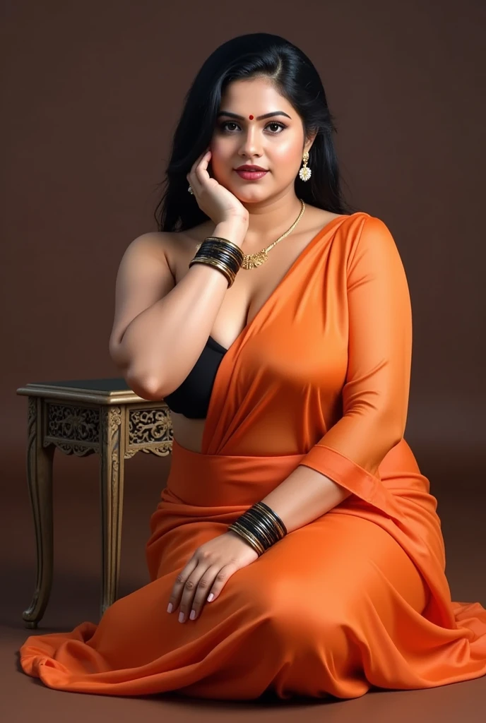 South Indian women, wearing cream colour chiffon transparent shiny skirt and black chiffon shirt