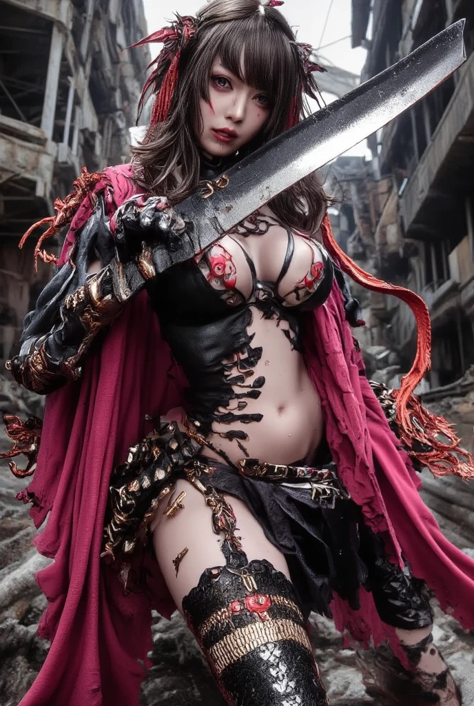 a close up of a woman holding a knife and a red background, deep bleeding decaying colors!, comic cover, detailed cover artwork, large view, comic cover art, v from devil may cry as an elf, comic book's cover, anime cover, art cover illustration, by Shingei, manhwa, art cover, stylised comic art, official fanart