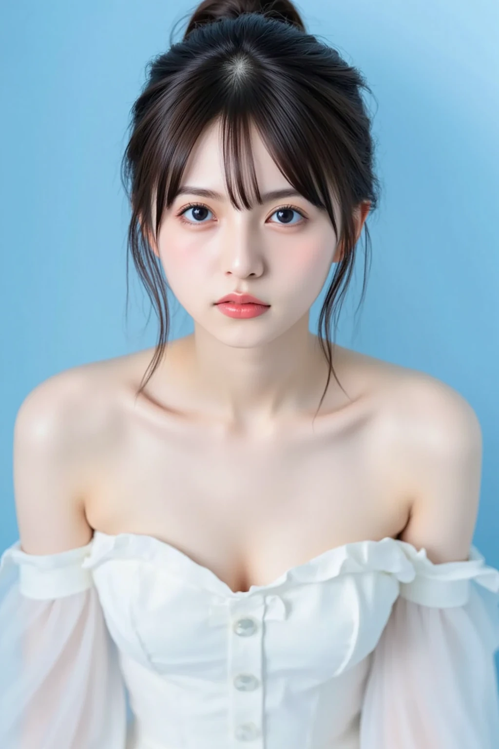 masterpiece、highest quality、16k、RAW Photos、Very detailed、Ultra-high resolution、Ultra-high resolution，Written boundary depth、Very detailed、Hotel Rooms、bright、Cinema Lighting、Professional Lighting、Pale shading、Low contrast、Japanese、Beautiful woman、round face、Smooth, Silky skin、Clear white skin、（(White Lingerie、Lace Lingerie、Thin lingerie、Lingerie with ribbon on the chest:1.3)）、（Beautiful thighs:1.6）、(C cup breasts:1.0)、Beautiful and beautiful eyes、Big eyes、Long eyelashes、Transparent double eyelids、Droopy eyes、Tear bags、（Thin eyebrows:1.0）、（Thin lips:1.0）、Natural Makeup、Natural color lip、A smile that makes people happy、(Floating Hair、Messy Hair、Long Wavy Hair、High Ponytail:1.3),(The bangs are see-through)、((Lying in bed,whole body,Head to thigh photo:1.3))